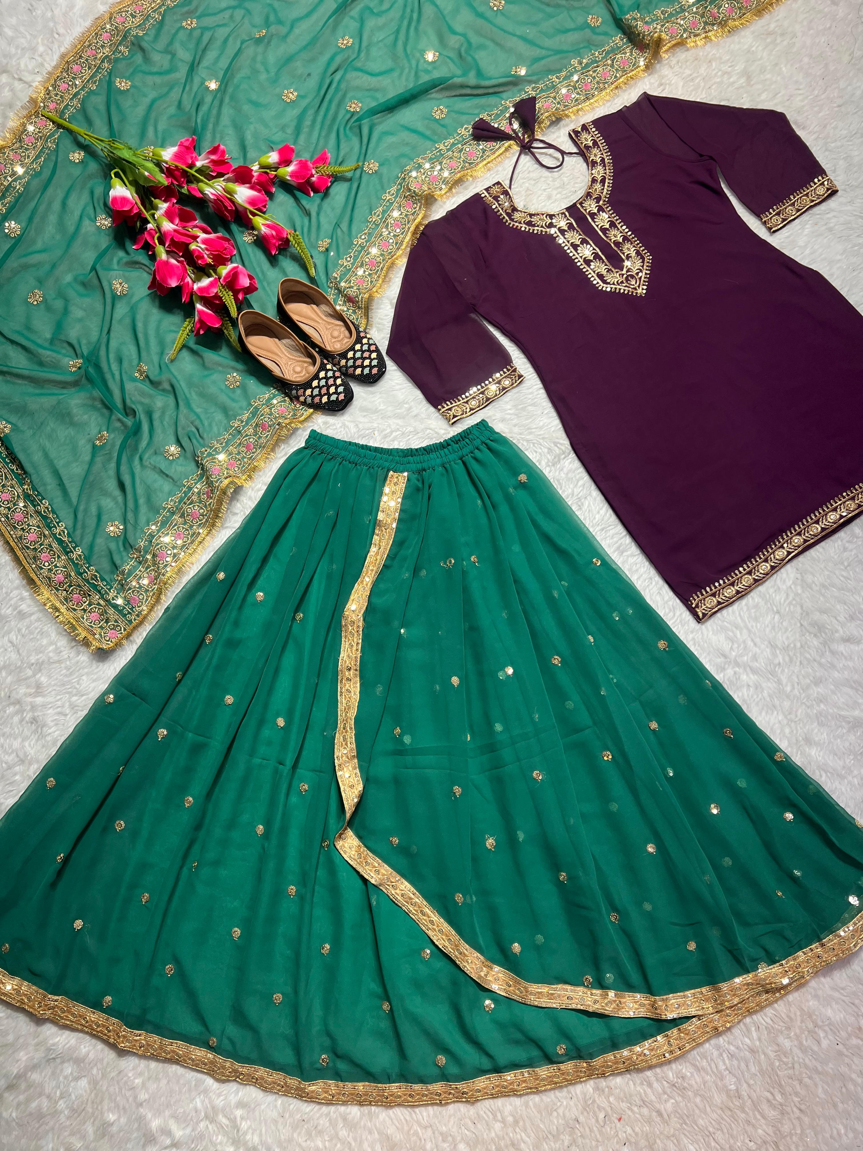 Charming Purple And Green Color Faux Georgette With Heavy Embroidery Sharara Dhoti Suit