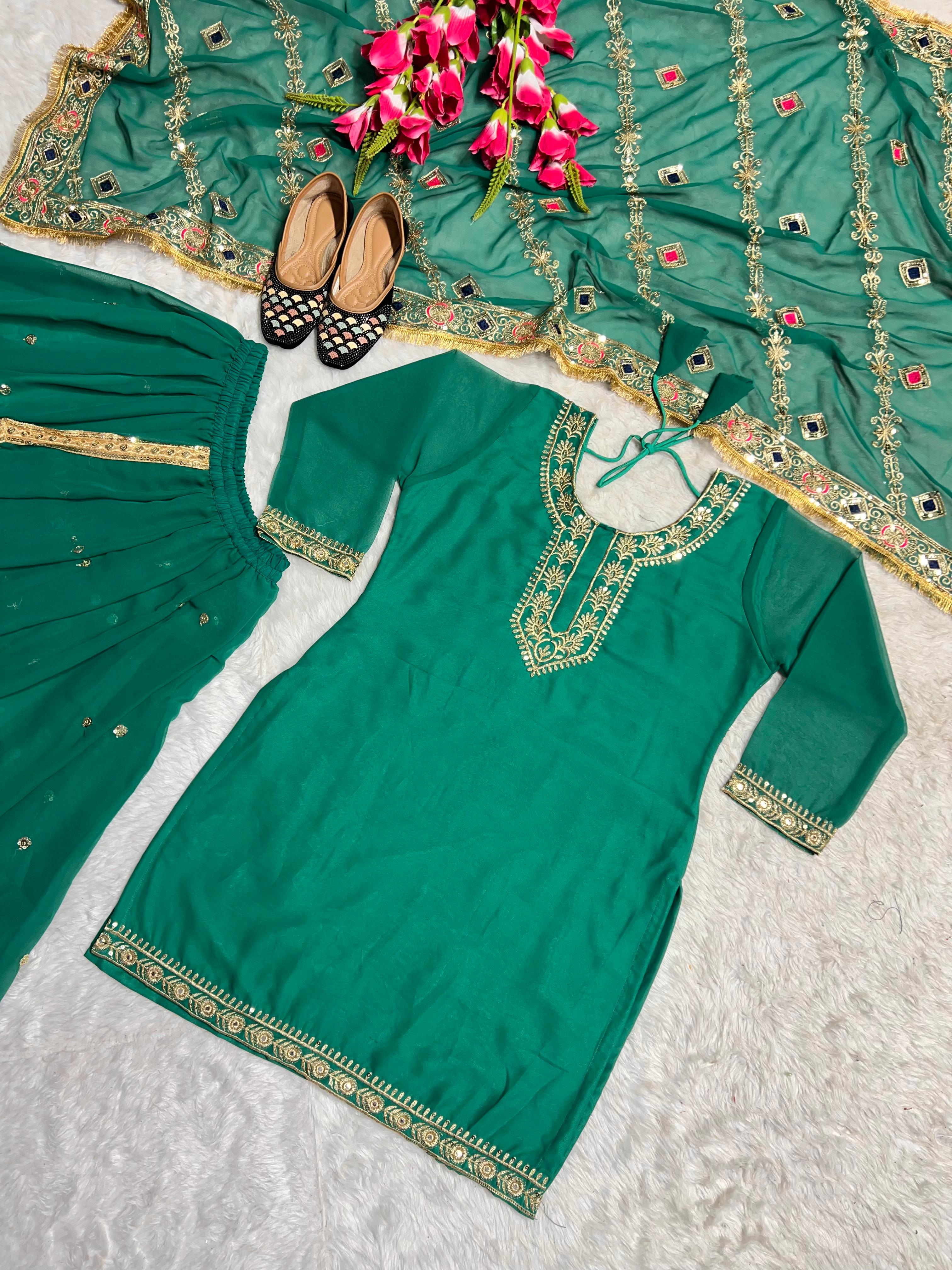 Stunning Green Color Faux Georgette With Heavy Embroidery Sharara Dhoti Suit