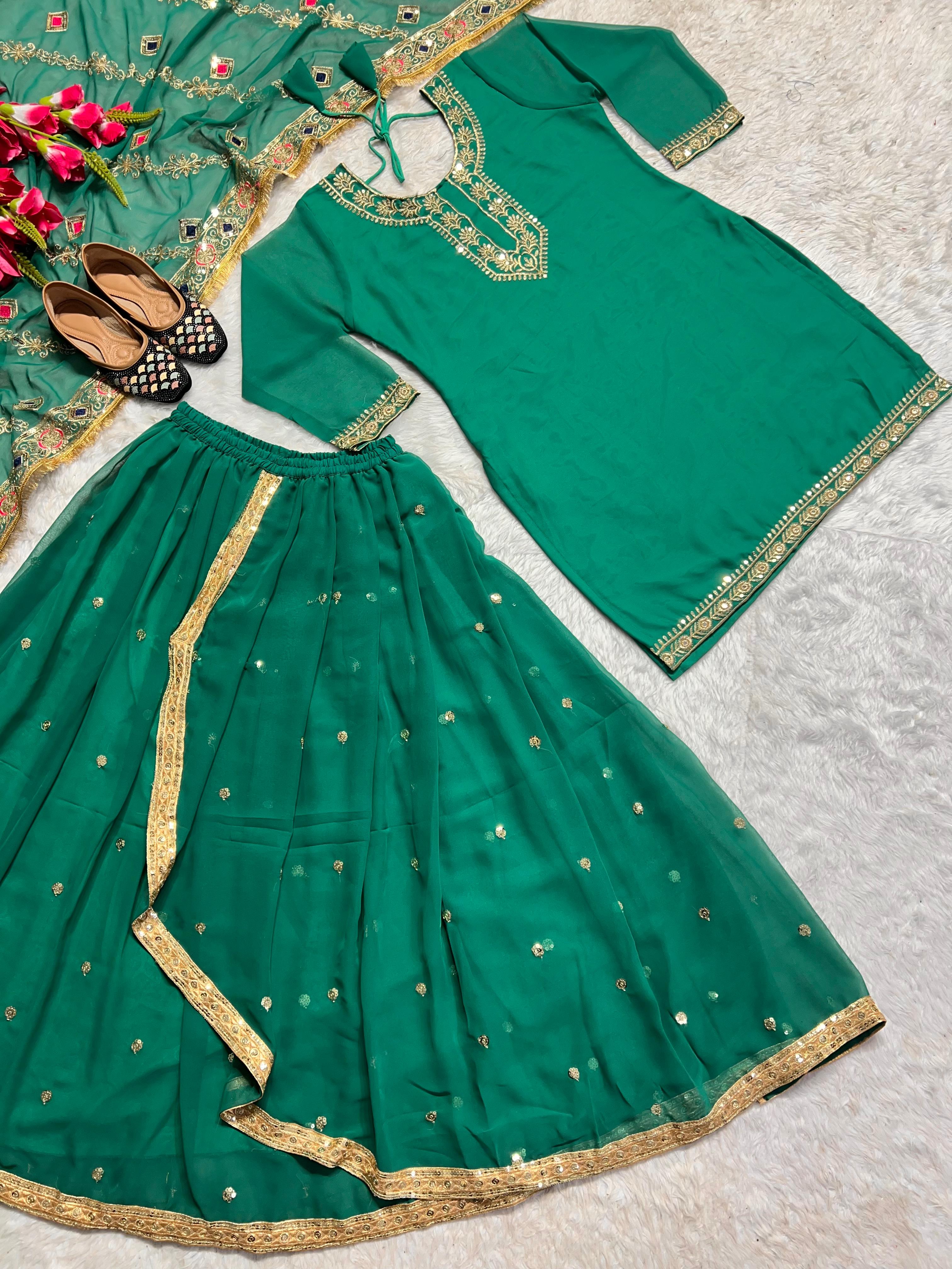 Stunning Green Color Faux Georgette With Heavy Embroidery Sharara Dhoti Suit