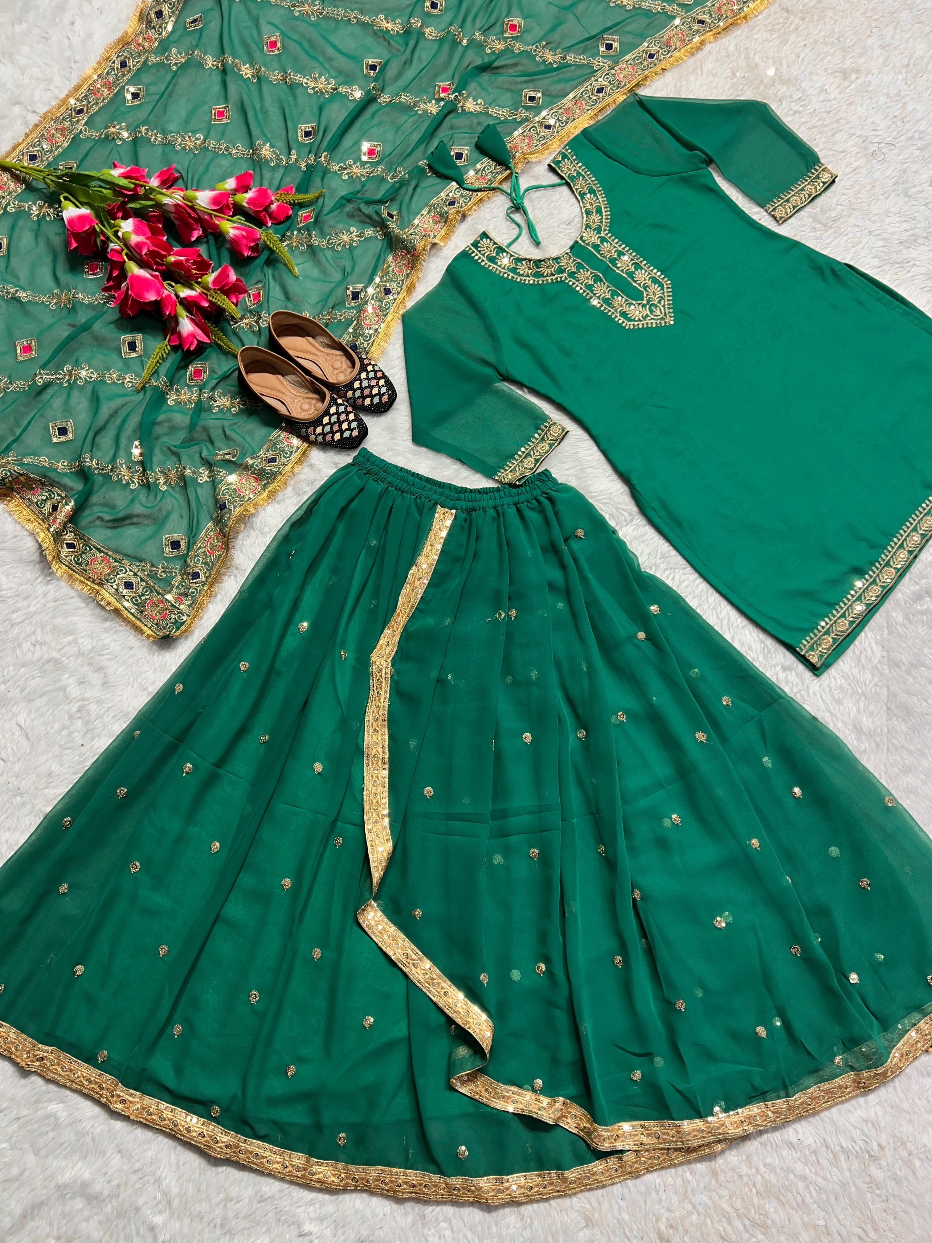 Stunning Green Color Faux Georgette With Heavy Embroidery Sharara Dhoti Suit