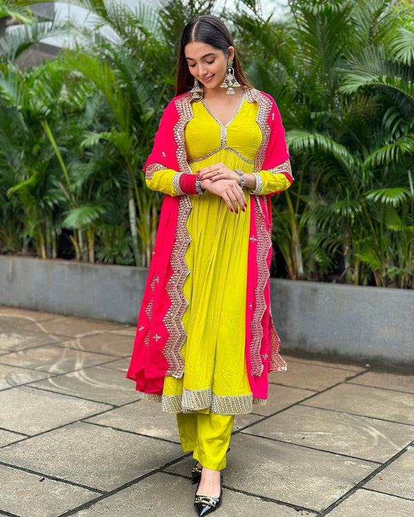 Trendy Lamon Yellow Color Pure Fox Georgette With Heavy Embroidery Sequence Work Salwar Suit