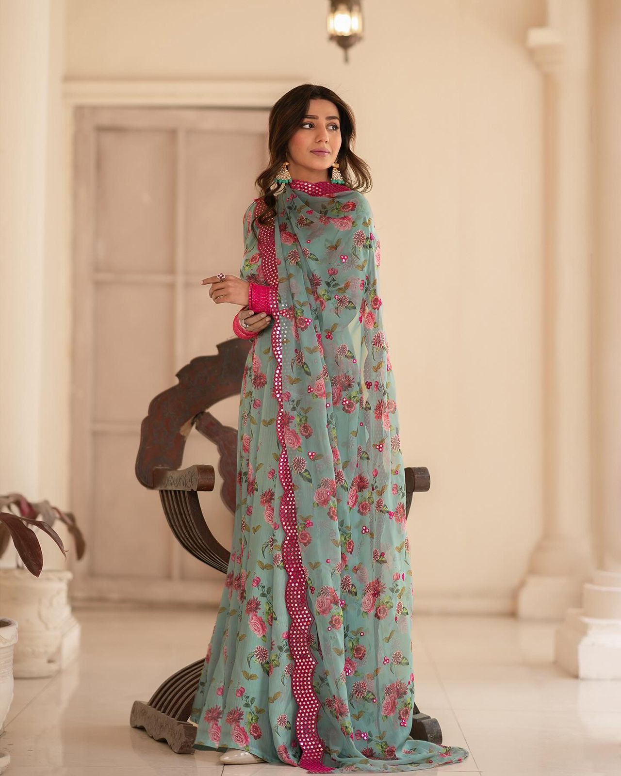 Marvelous Sky Color Chinon Flower Printed Designer Gown