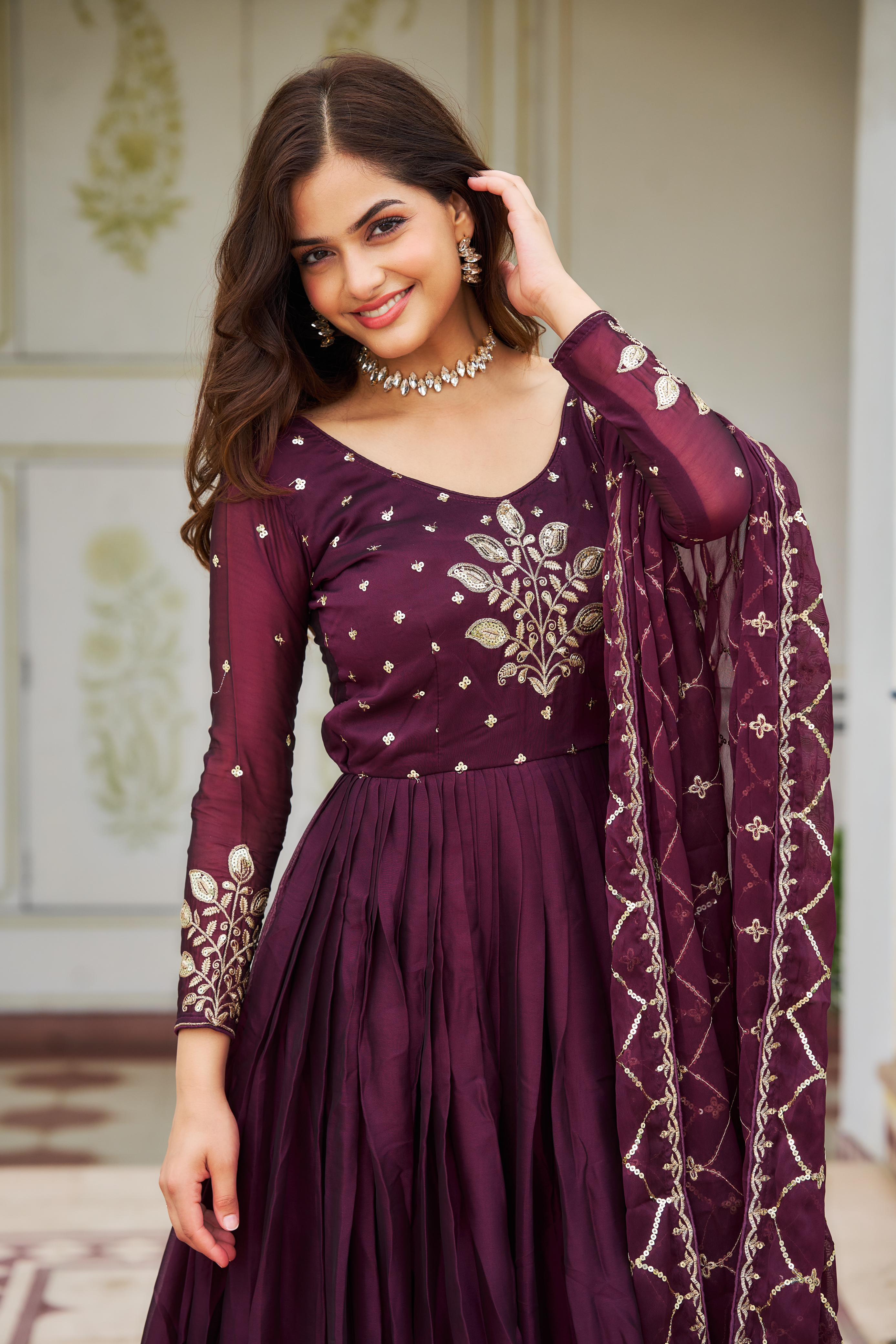 Marriage Special Wine Heavy Sequence Embroidery Work Designer Gown