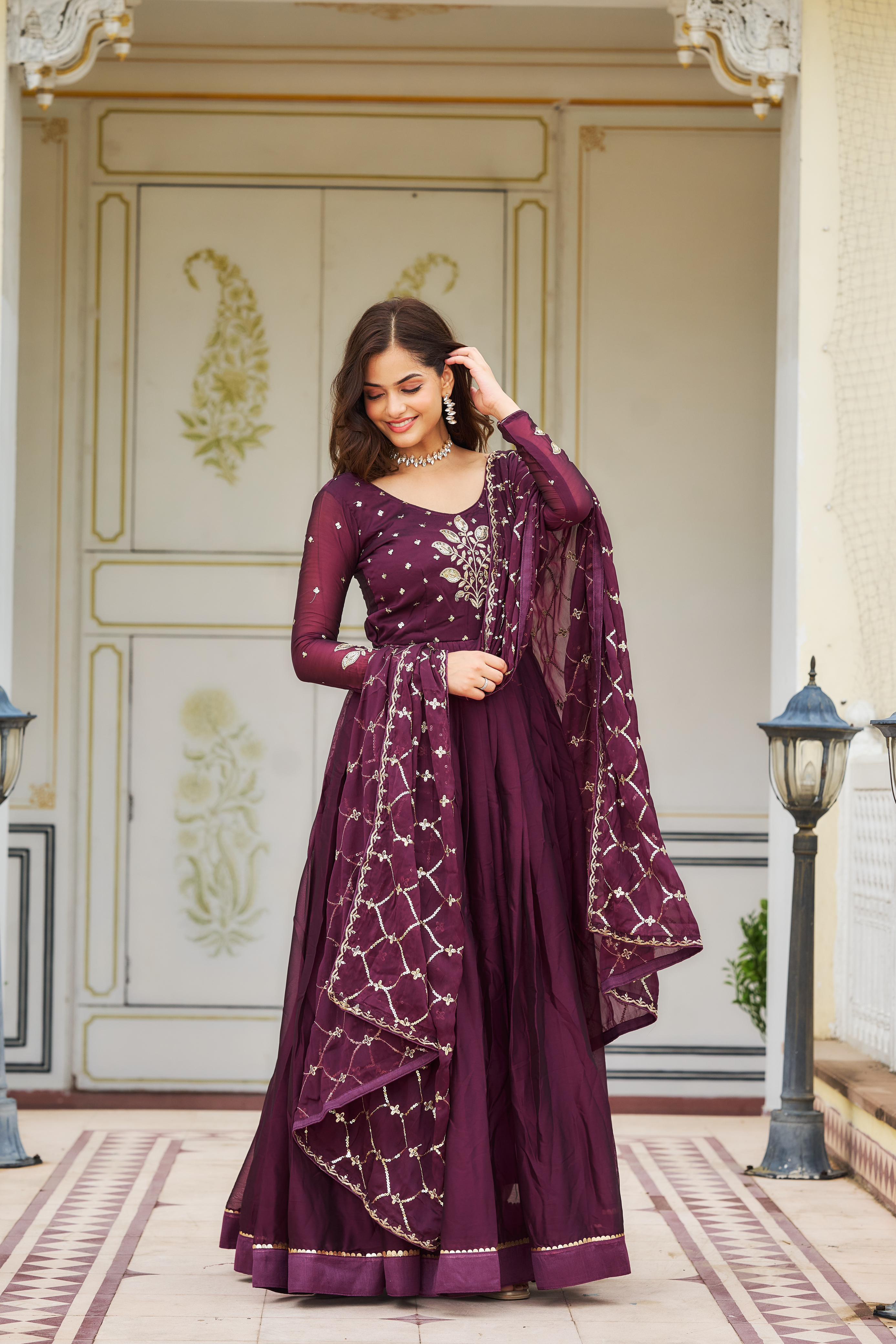 Marriage Special Wine Heavy Sequence Embroidery Work Designer Gown