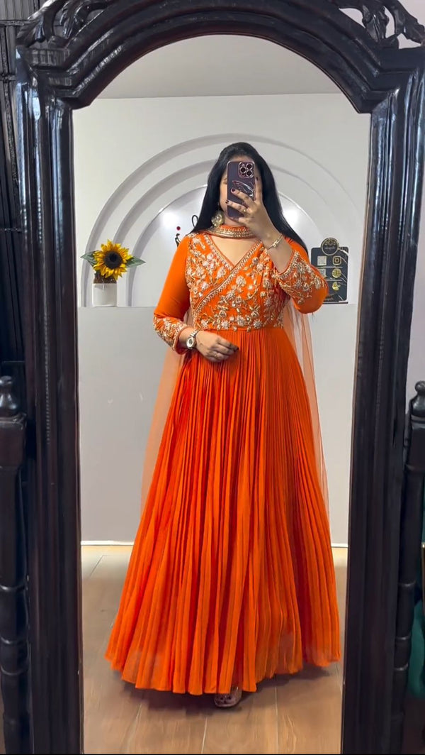 Alluring Orange Color Georgette Embroidery Sequence Work Designer Gown