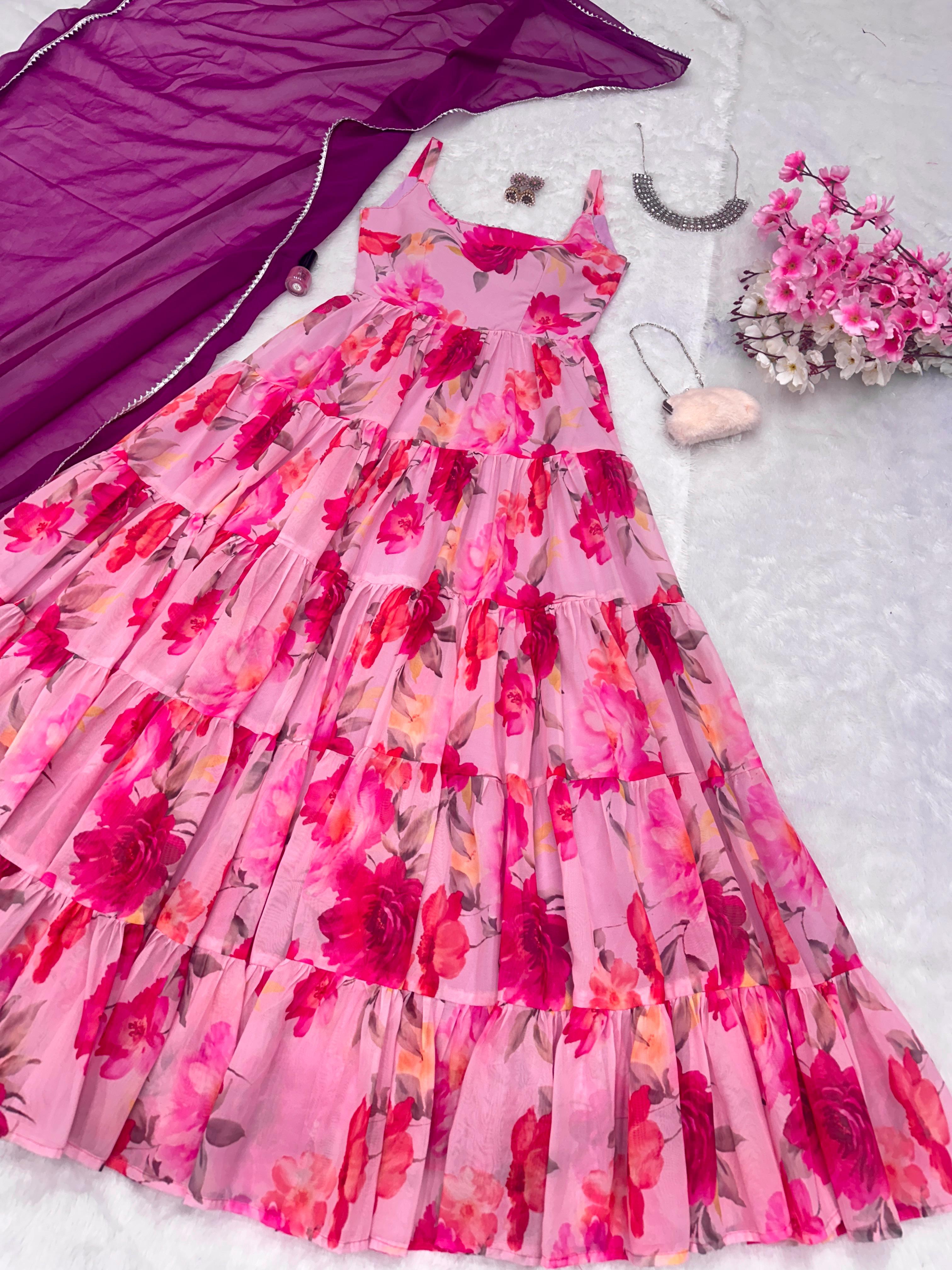 Festive Wear Pink Color Georgette Digital Printed Huge 8 Meter Flair Anarkali Designer Gown