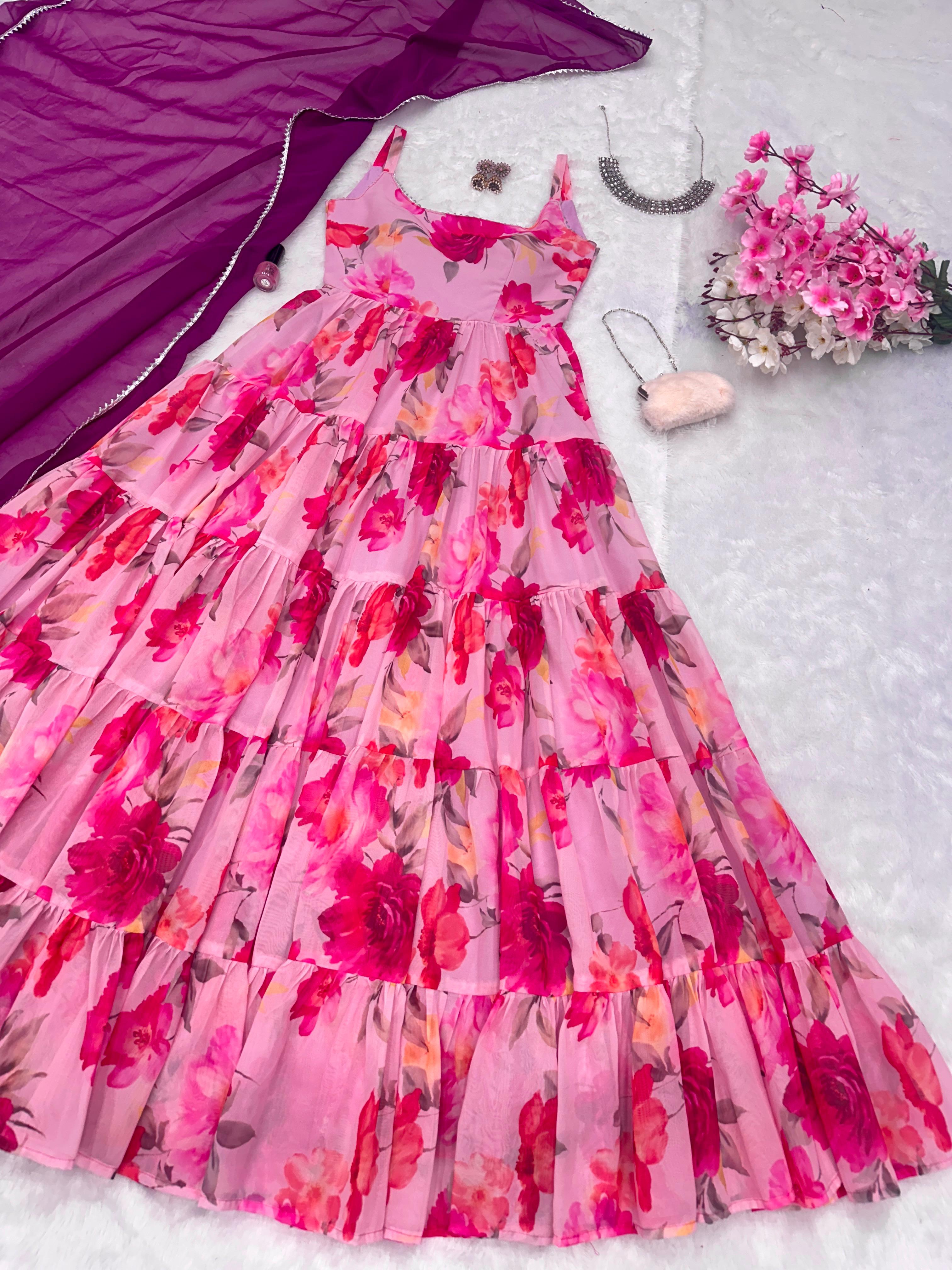 Festive Wear Pink Color Georgette Digital Printed Huge 8 Meter Flair Anarkali Designer Gown