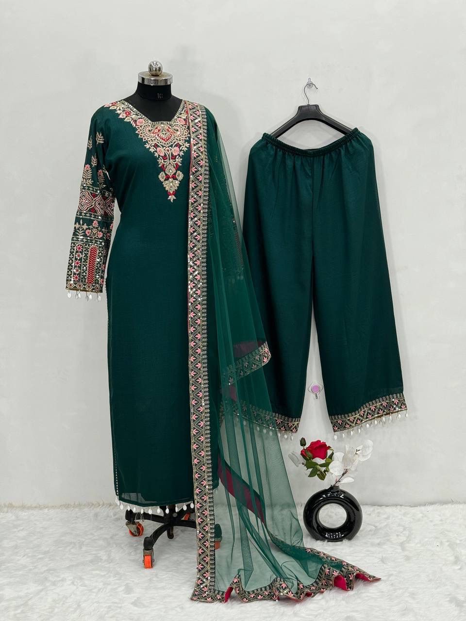 Luxuriant Green Color Heavy Vichitra Silk With Embroidered Sequence Work Salwar Suit