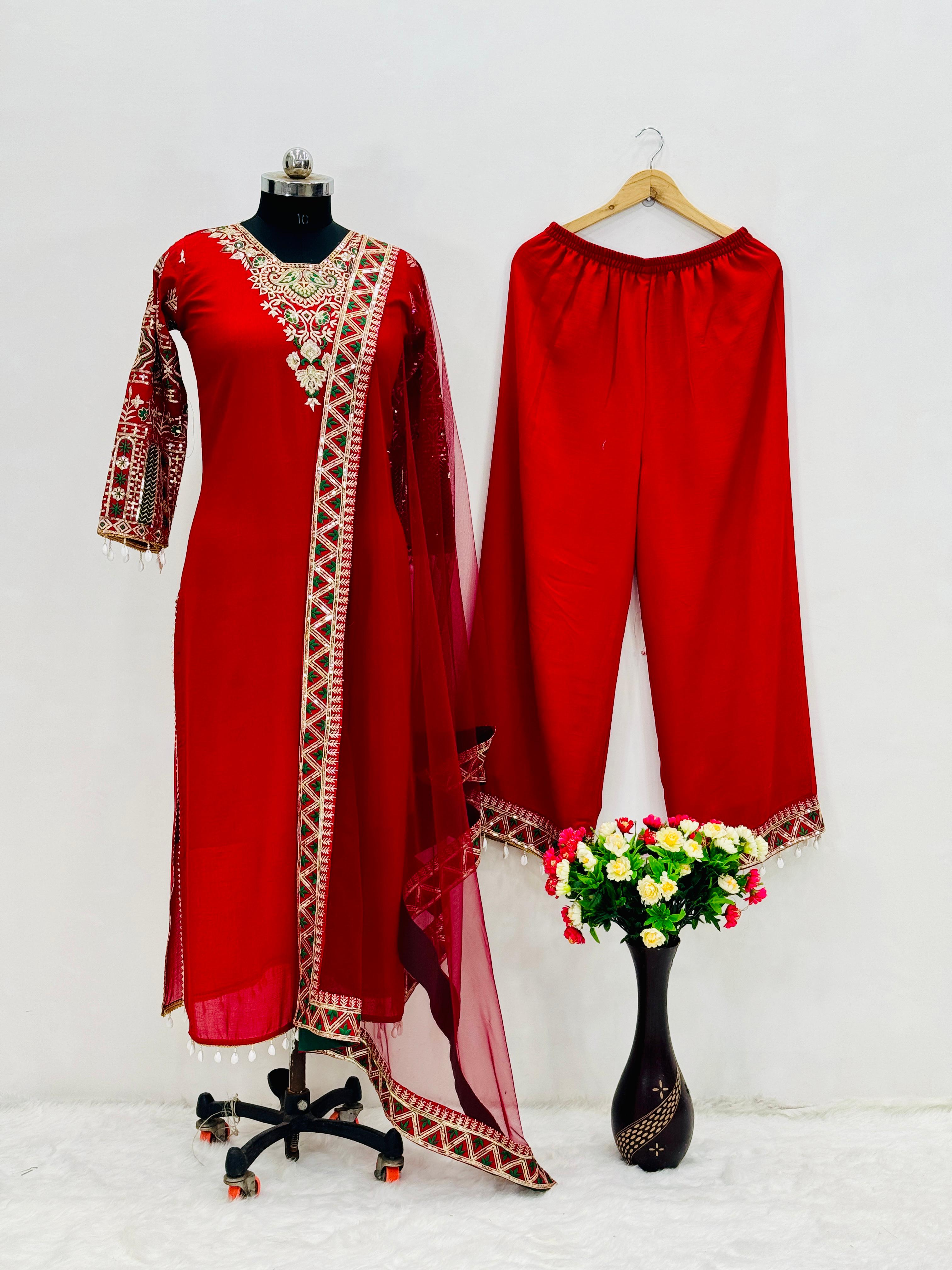 Luxuriant Red Color Heavy Vichitra Silk With Embroidered Sequence Work Salwar Suit