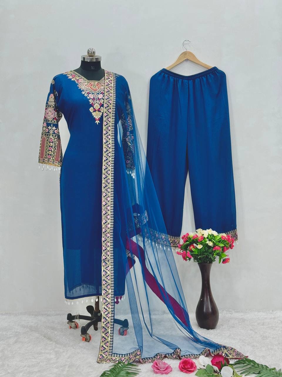 Luxuriant Blue Color Heavy Vichitra Silk With Embroidered Sequence Work Salwar Suit