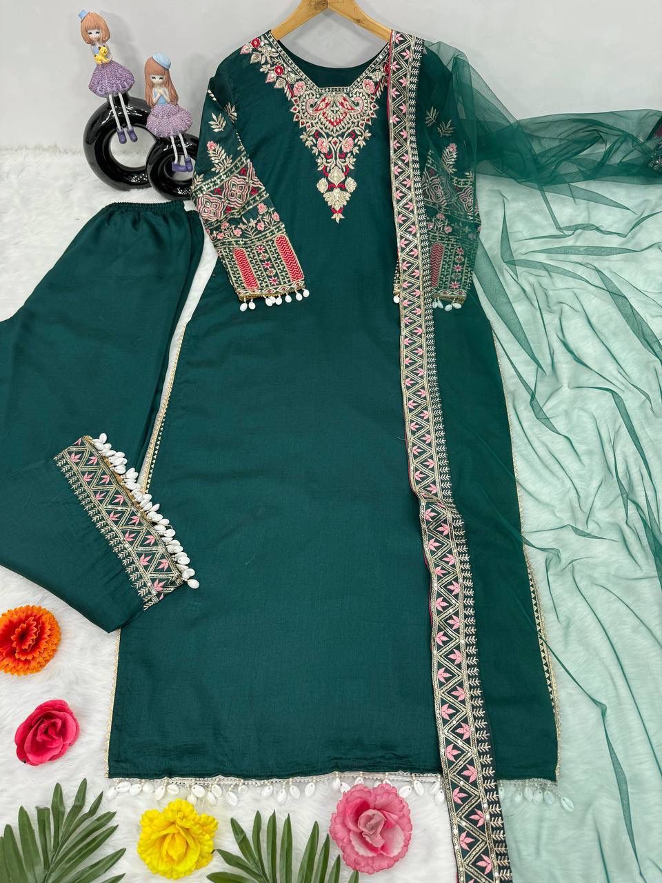 Luxuriant Green Color Heavy Vichitra Silk With Embroidered Sequence Work Salwar Suit