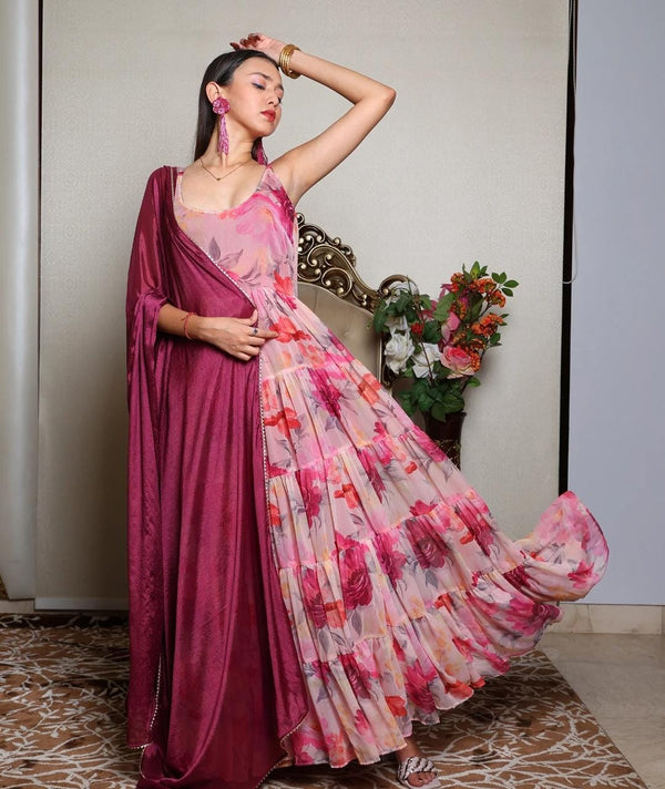 Festive Wear Pink Color Georgette Digital Printed Huge 8 Meter Flair Anarkali Designer Gown