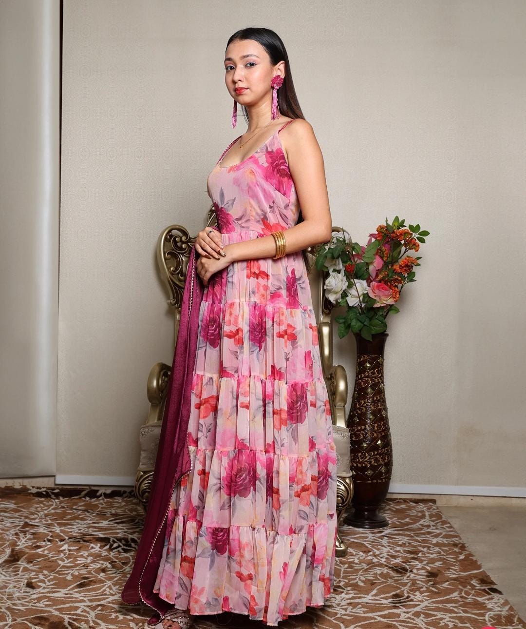 Festive Wear Pink Color Georgette Digital Printed Huge 8 Meter Flair Anarkali Designer Gown