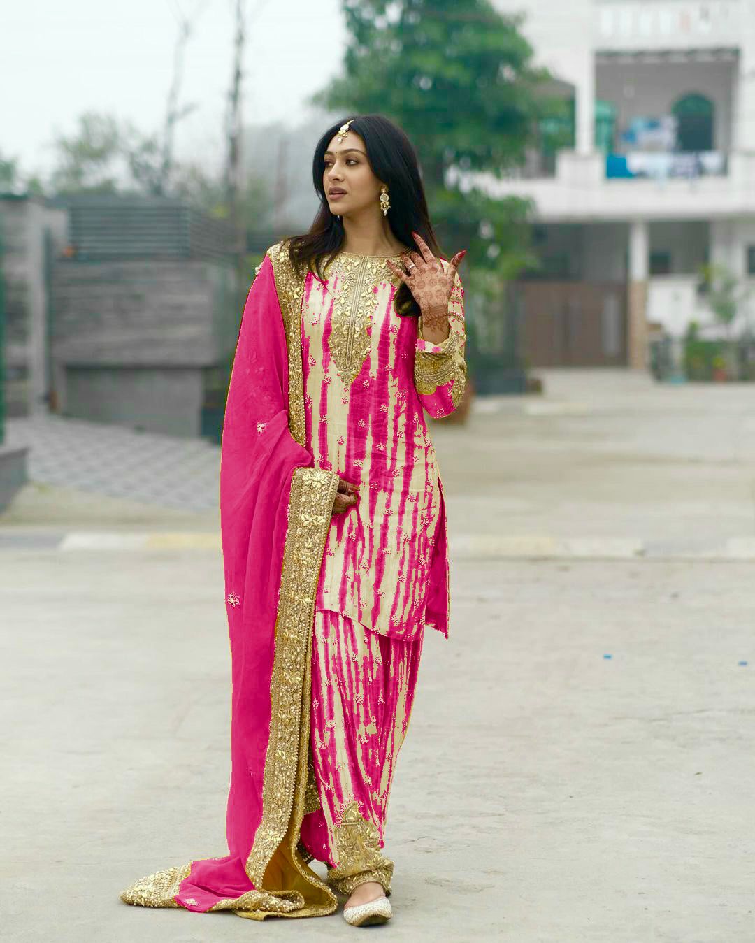 Pink Color Pure Chinon Silk With Digital Print And Sequence Work Patiyala Suit