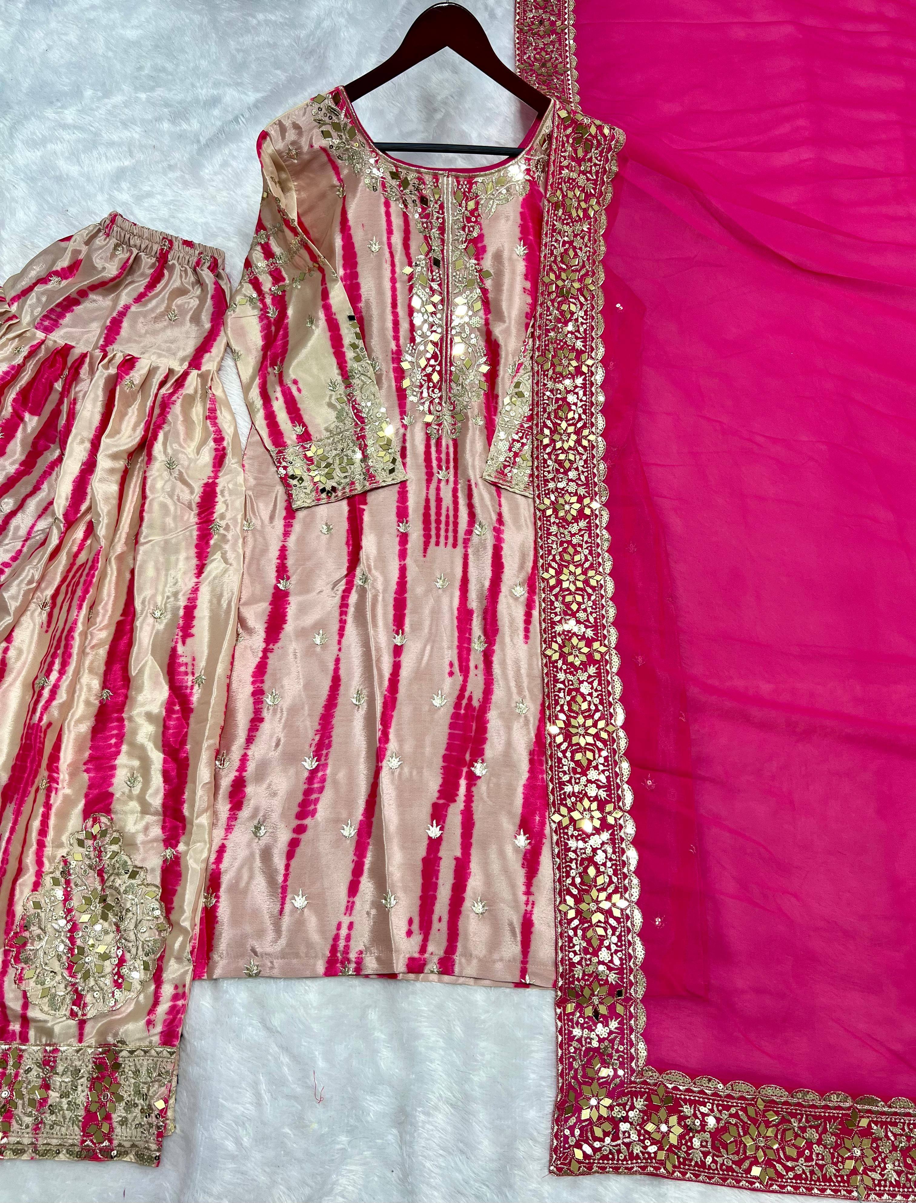 Pink Color Pure Chinon Silk With Digital Print And Sequence Work Patiyala Suit