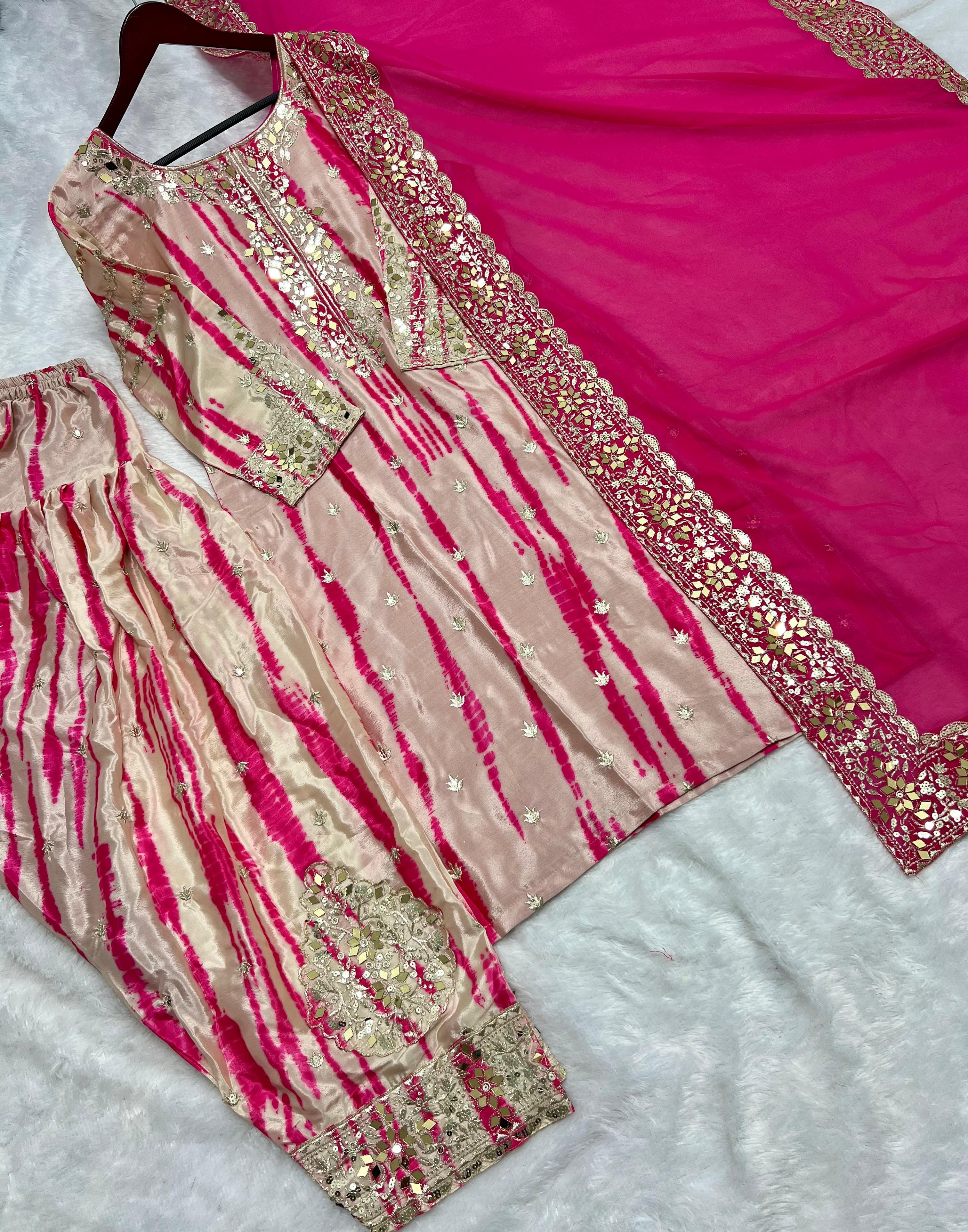 Pink Color Pure Chinon Silk With Digital Print And Sequence Work Patiyala Suit