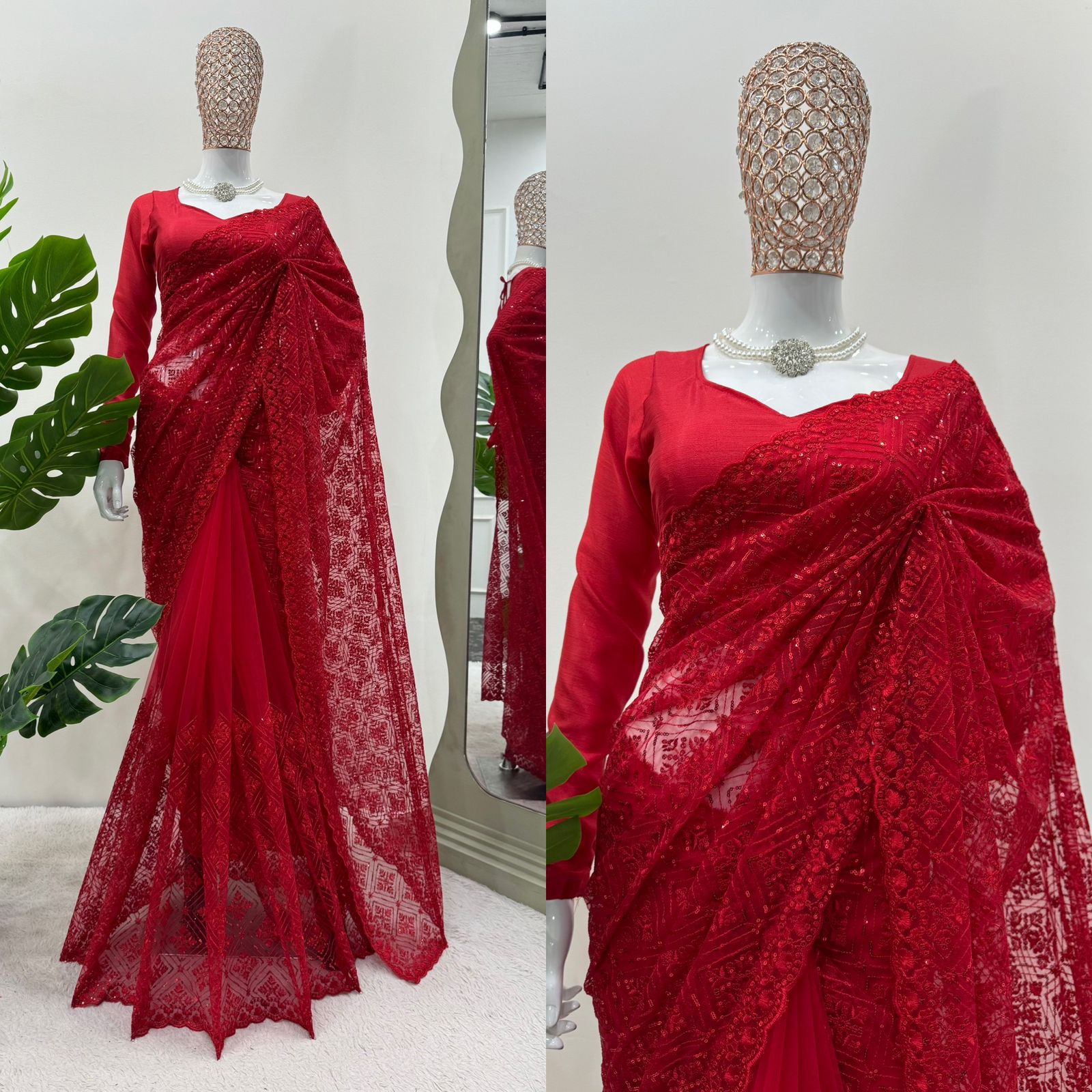 Designer Karva Chauth Special Red Color Soft Net Fabric With Thread Sequenced Work Saree