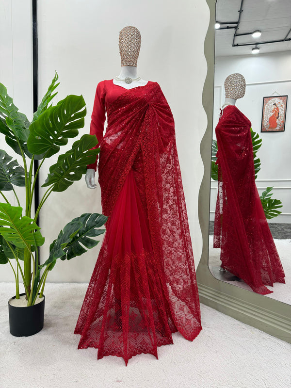 Designer Karva Chauth Special Red Color Soft Net Fabric With Thread Sequenced Work Saree