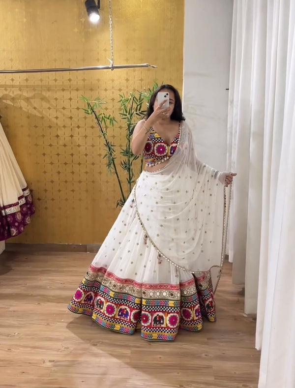 Traditional Wear White Color Georgette Heavy Gamthi Work Navratri Lehenga Choli