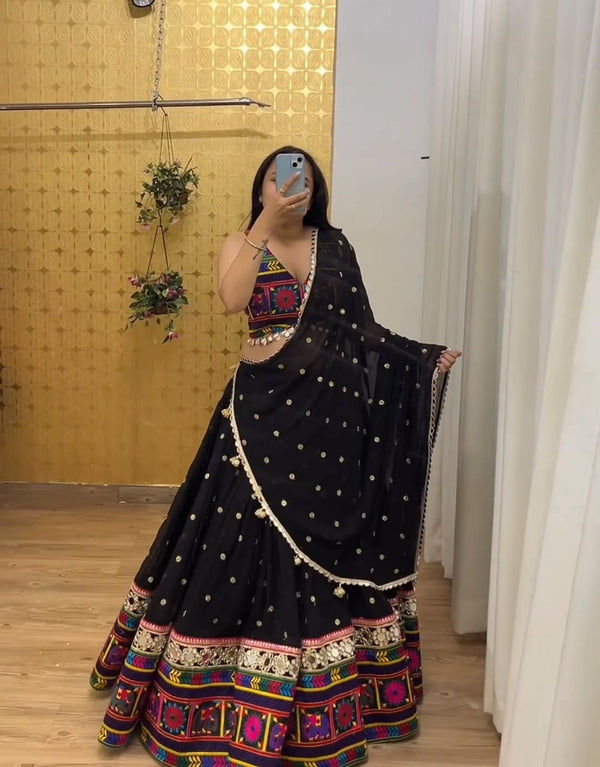 Traditional Wear Black Color Georgette Heavy Gamthi Work Navratri Lehenga Choli