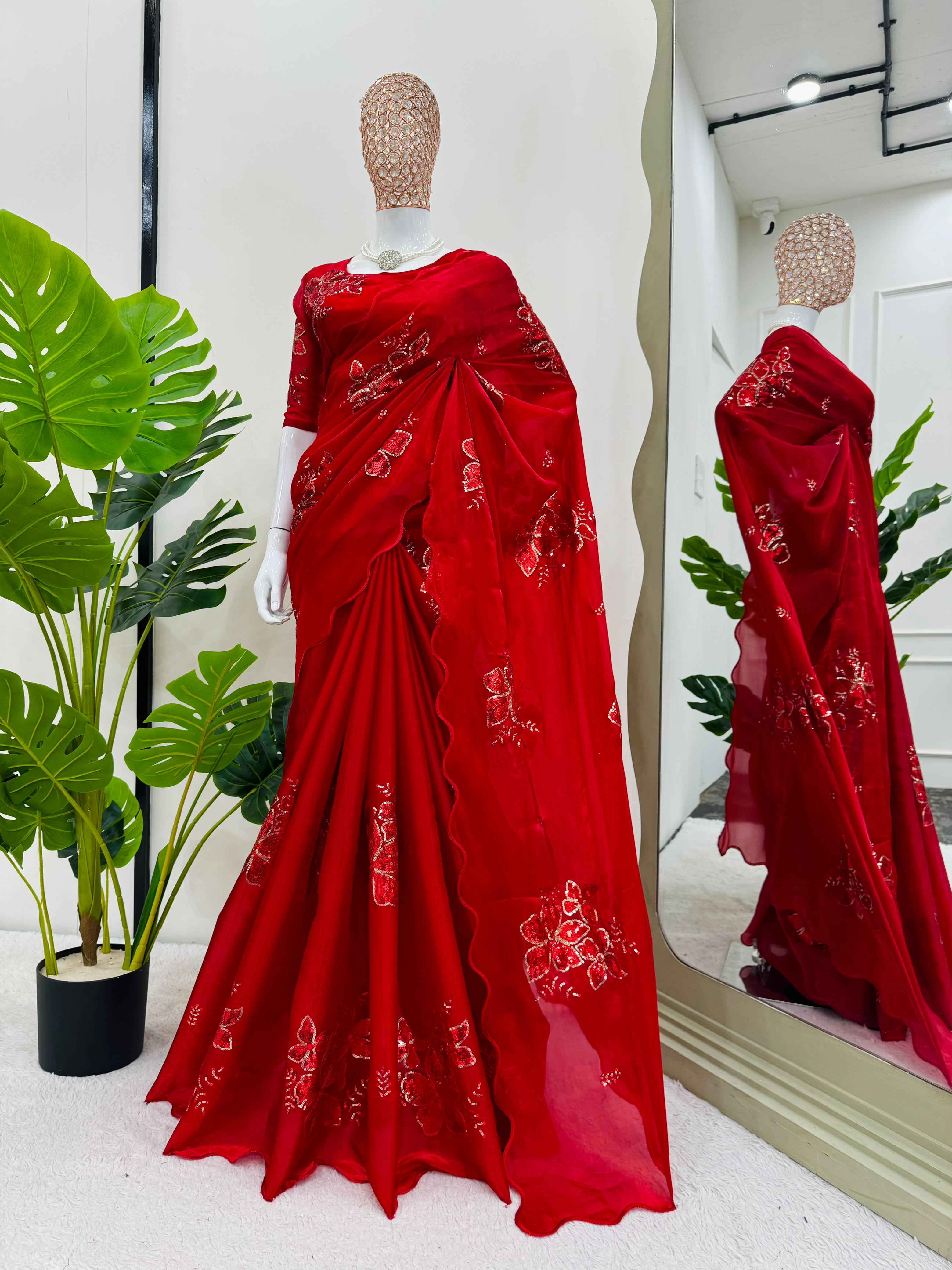 Red Color Jimmy Chu Fabric With Thread Sequence Work Beautiful Designer Saree