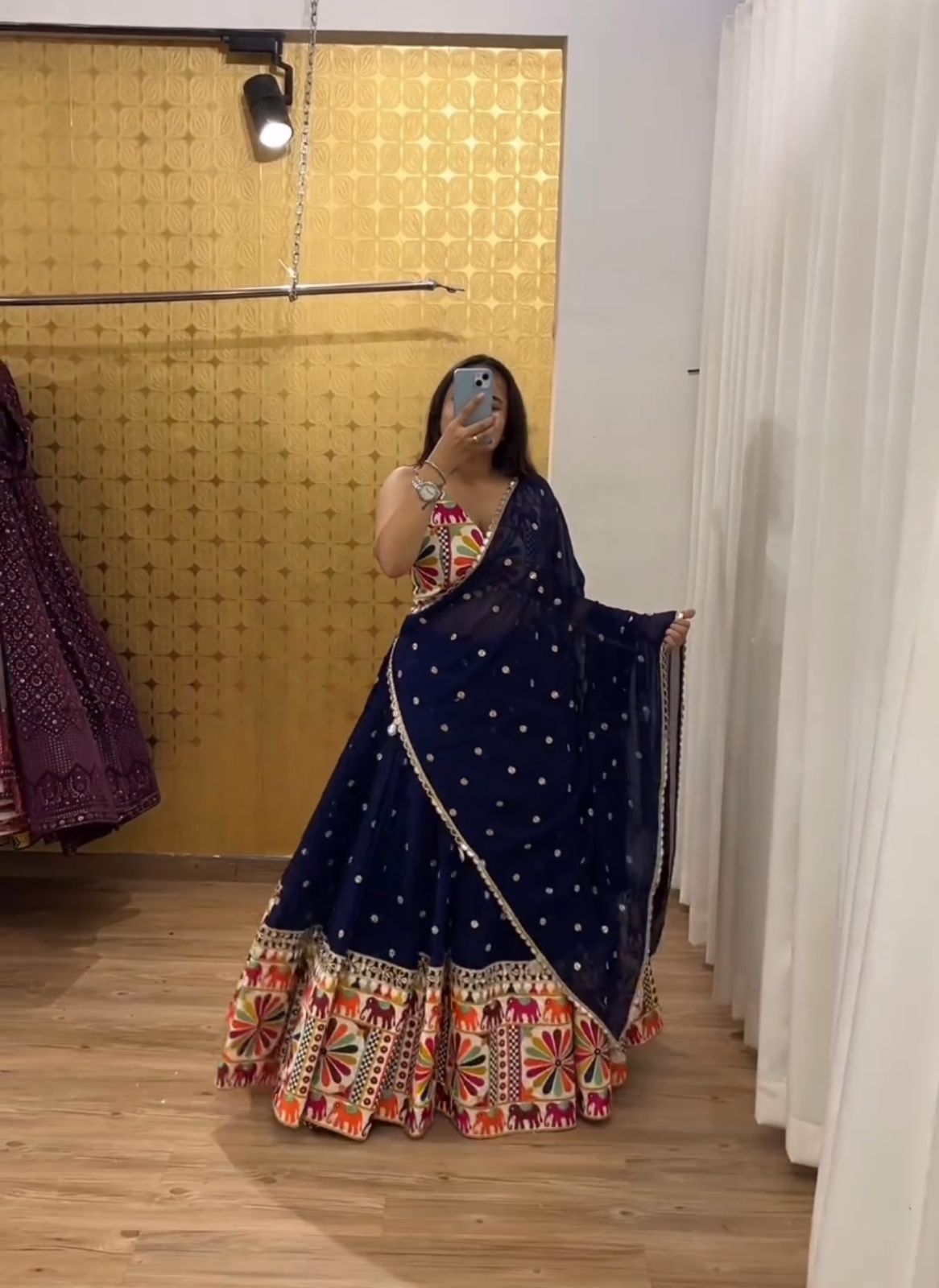 Traditional Wear Navy Blue Color Pure Cotton Heavy Gamthi Work Navratri Lehenga Choli