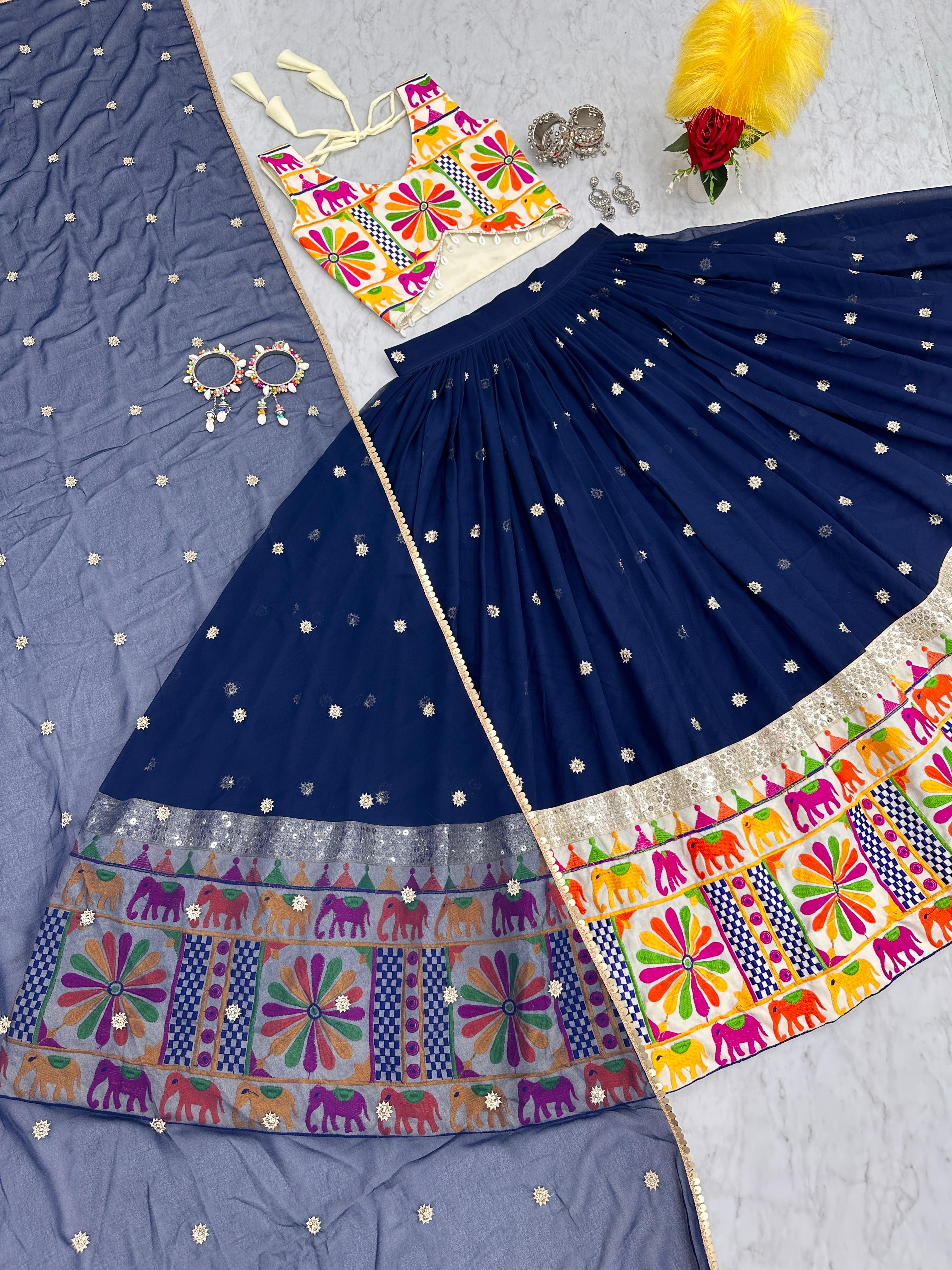 Traditional Wear Navy Blue Color Pure Cotton Heavy Gamthi Work Navratri Lehenga Choli