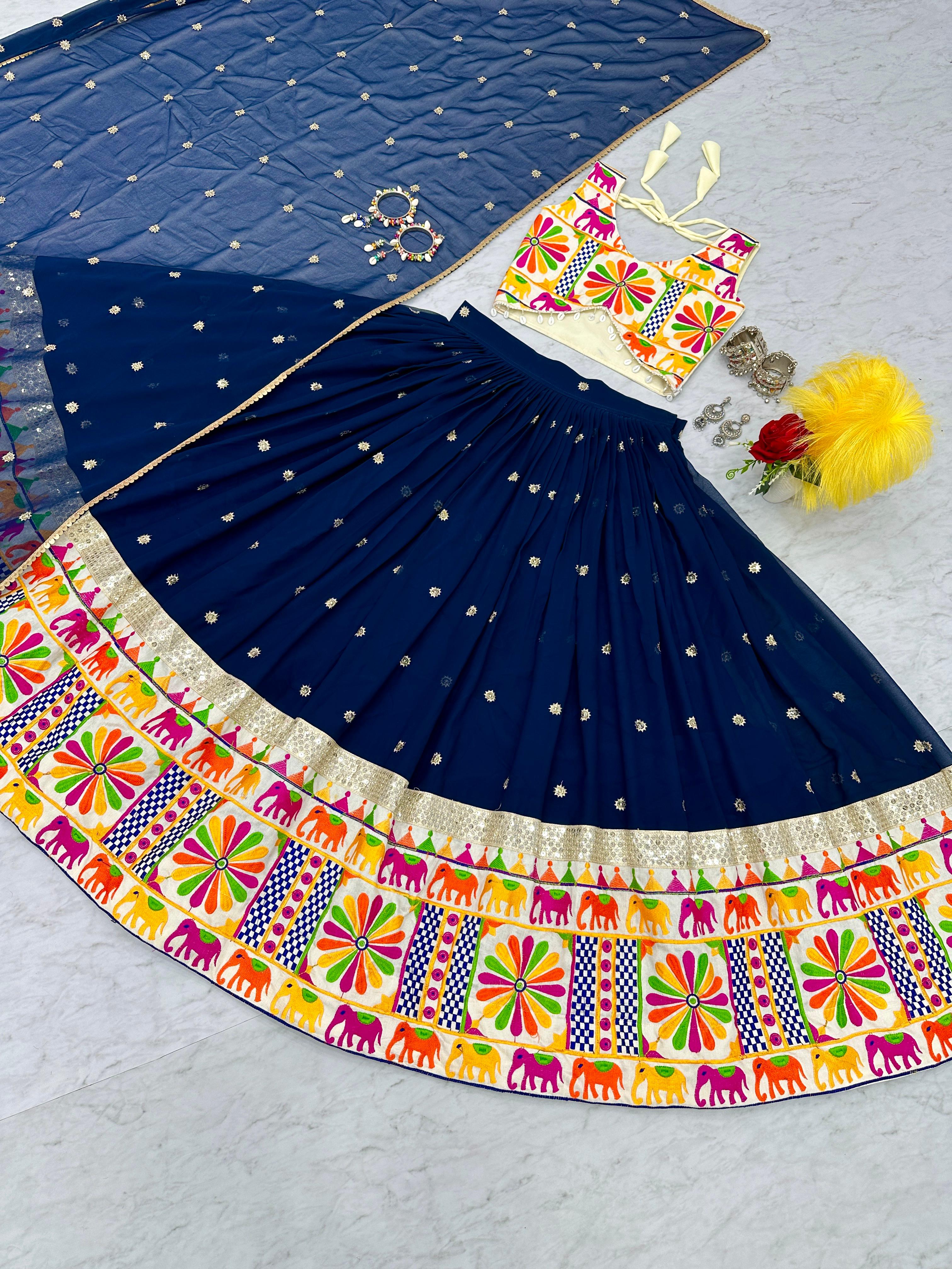 Traditional Wear Navy Blue Color Pure Cotton Heavy Gamthi Work Navratri Lehenga Choli