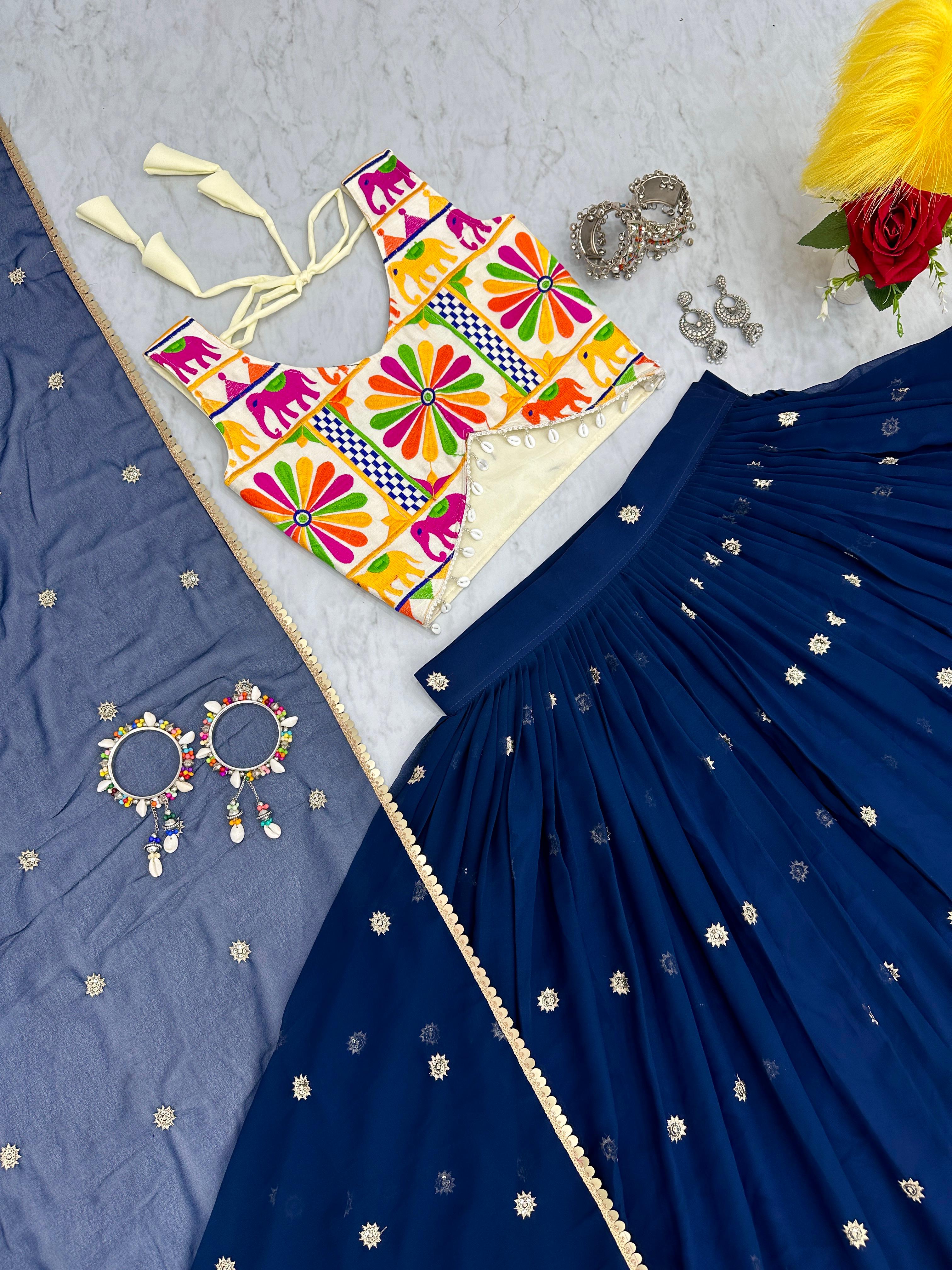 Traditional Wear Navy Blue Color Pure Cotton Heavy Gamthi Work Navratri Lehenga Choli