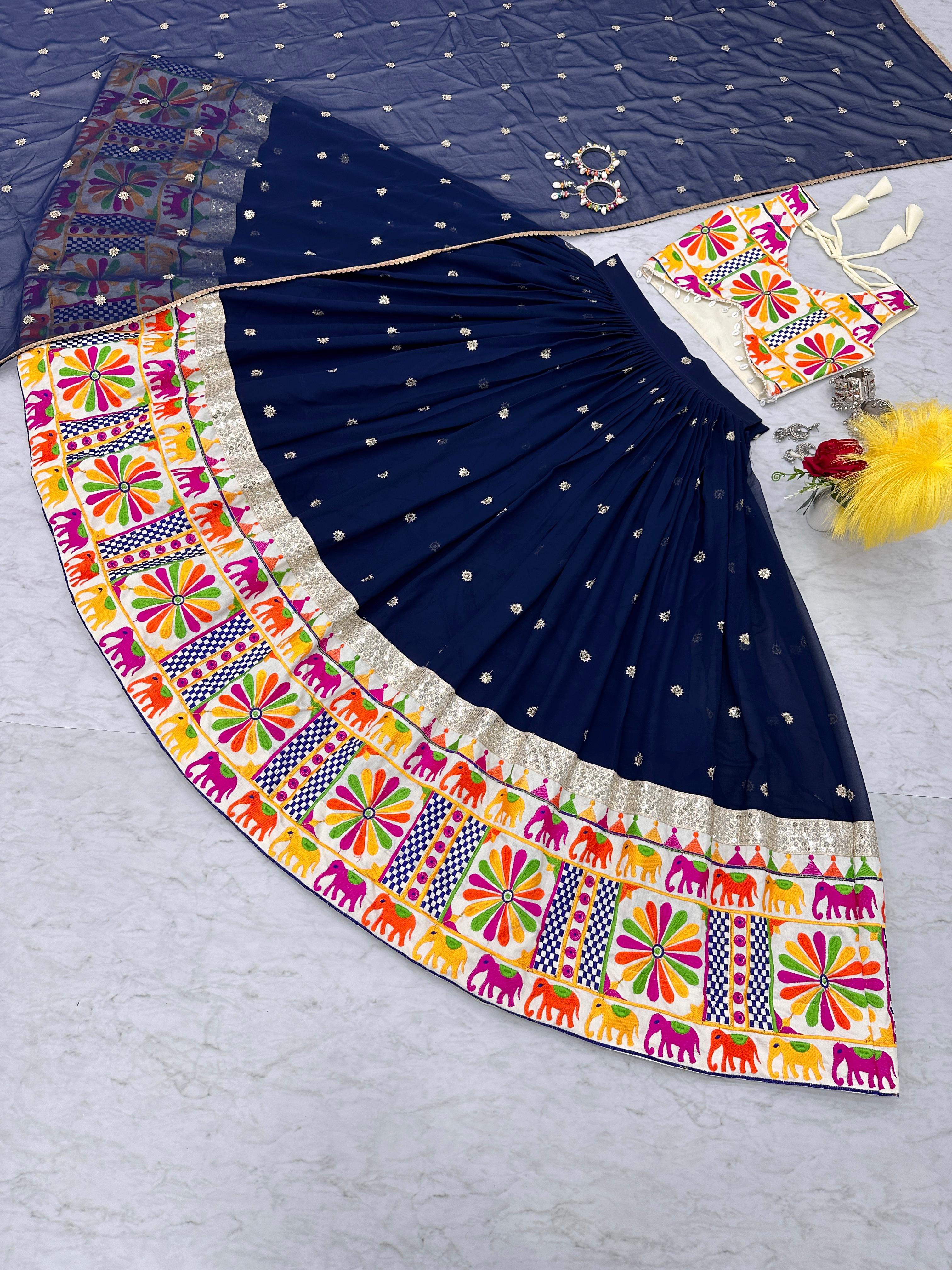 Traditional Wear Navy Blue Color Pure Cotton Heavy Gamthi Work Navratri Lehenga Choli