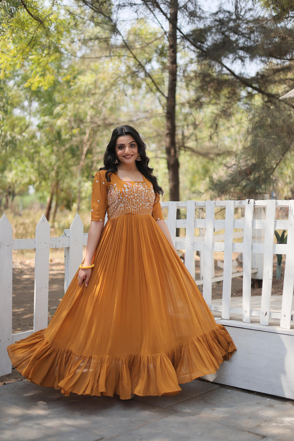 Wedding Wear Mustard Color Georgette With Sequins Multithreaded Embroidered Work Gown