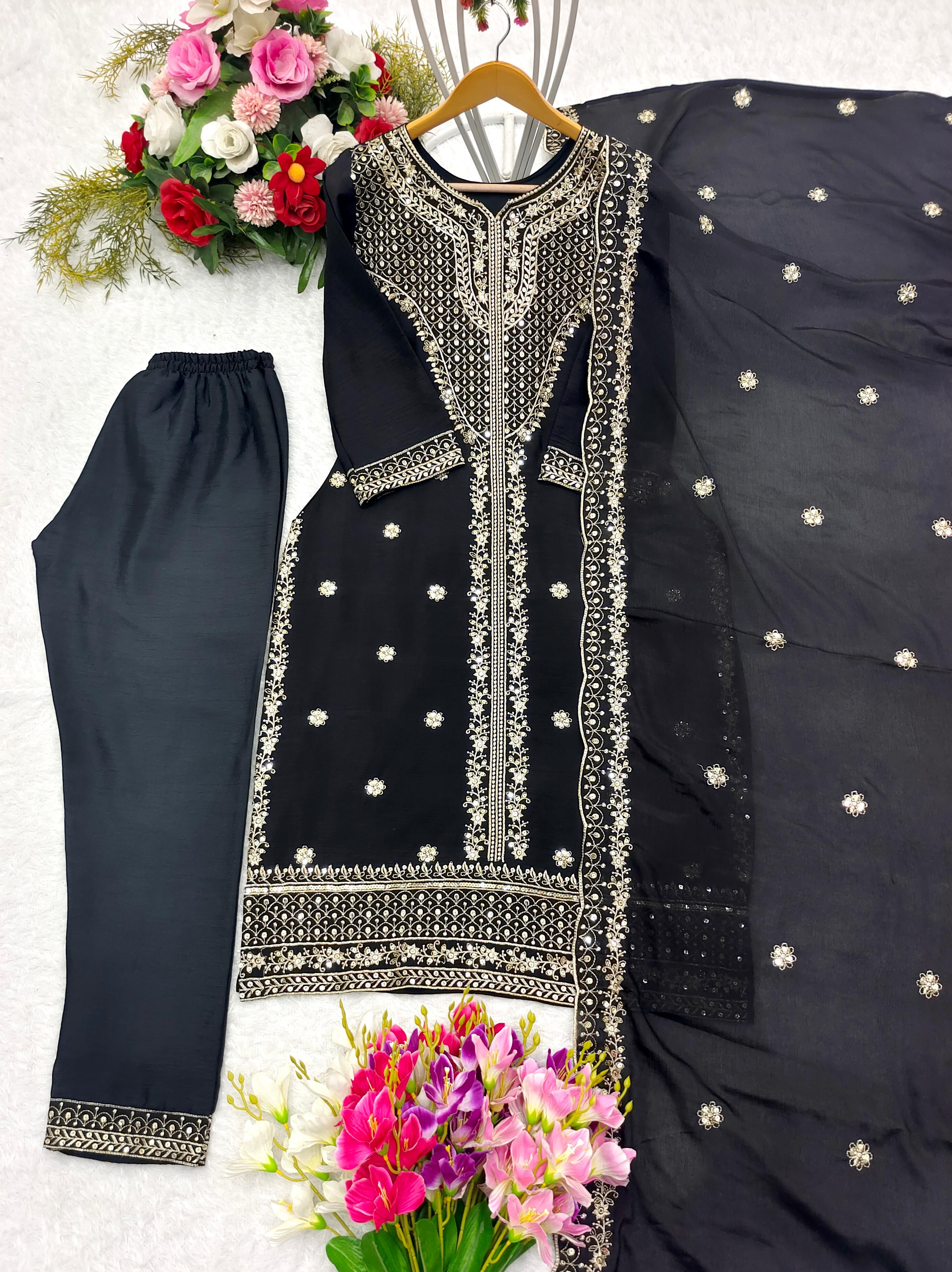 Captivating Black Color Chinon Silk With Sequence Embroidery Work Salwar Suit