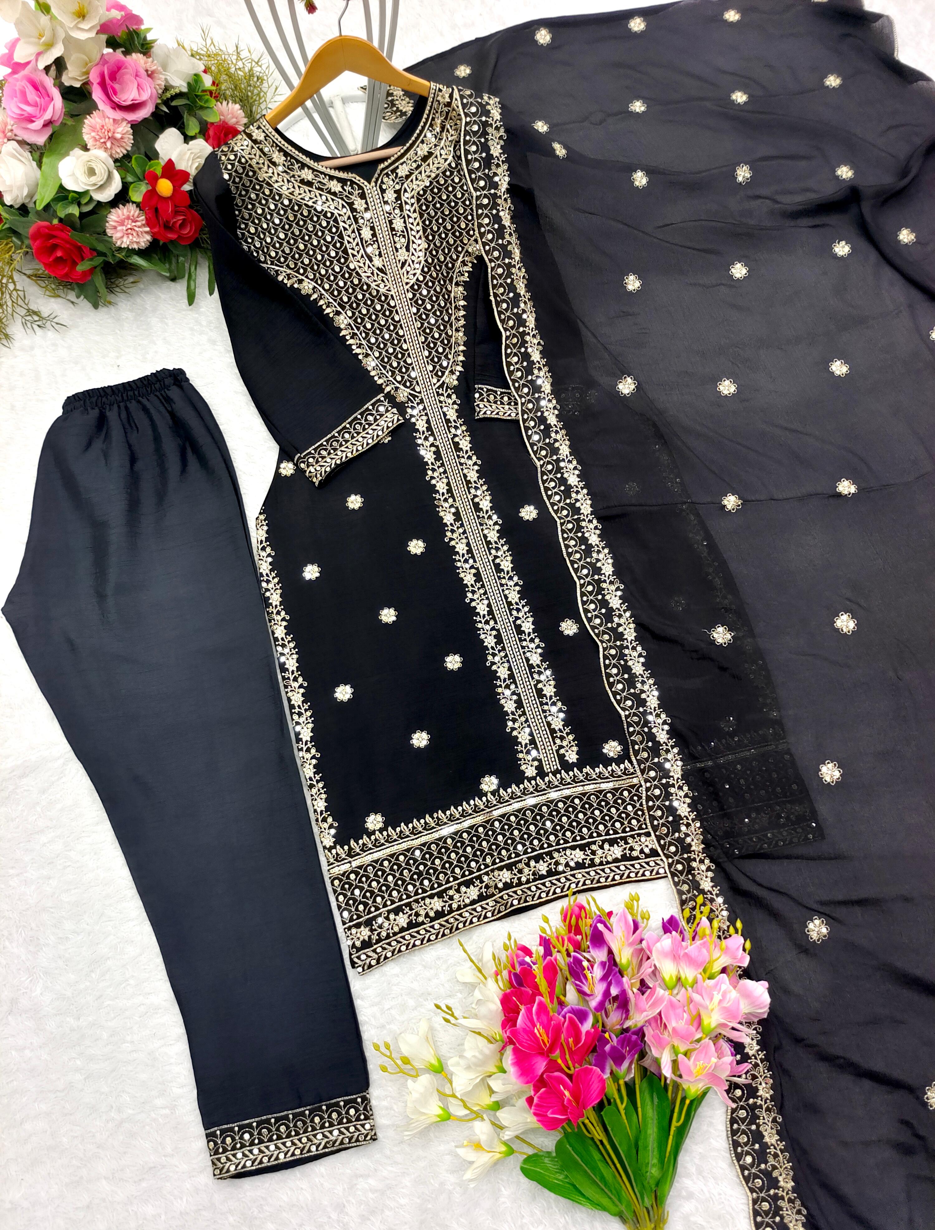 Captivating Black Color Chinon Silk With Sequence Embroidery Work Salwar Suit