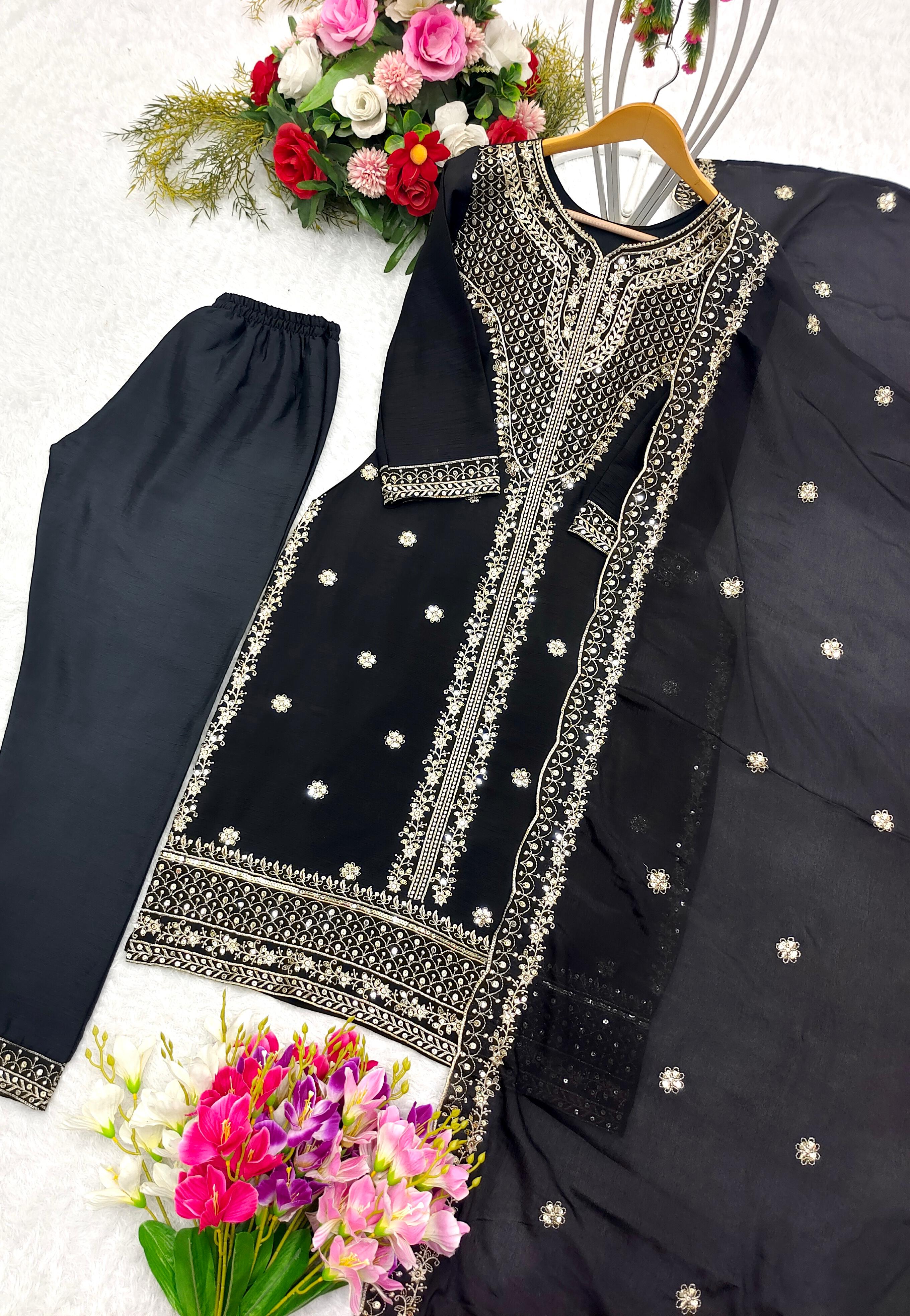 Captivating Black Color Chinon Silk With Sequence Embroidery Work Salwar Suit