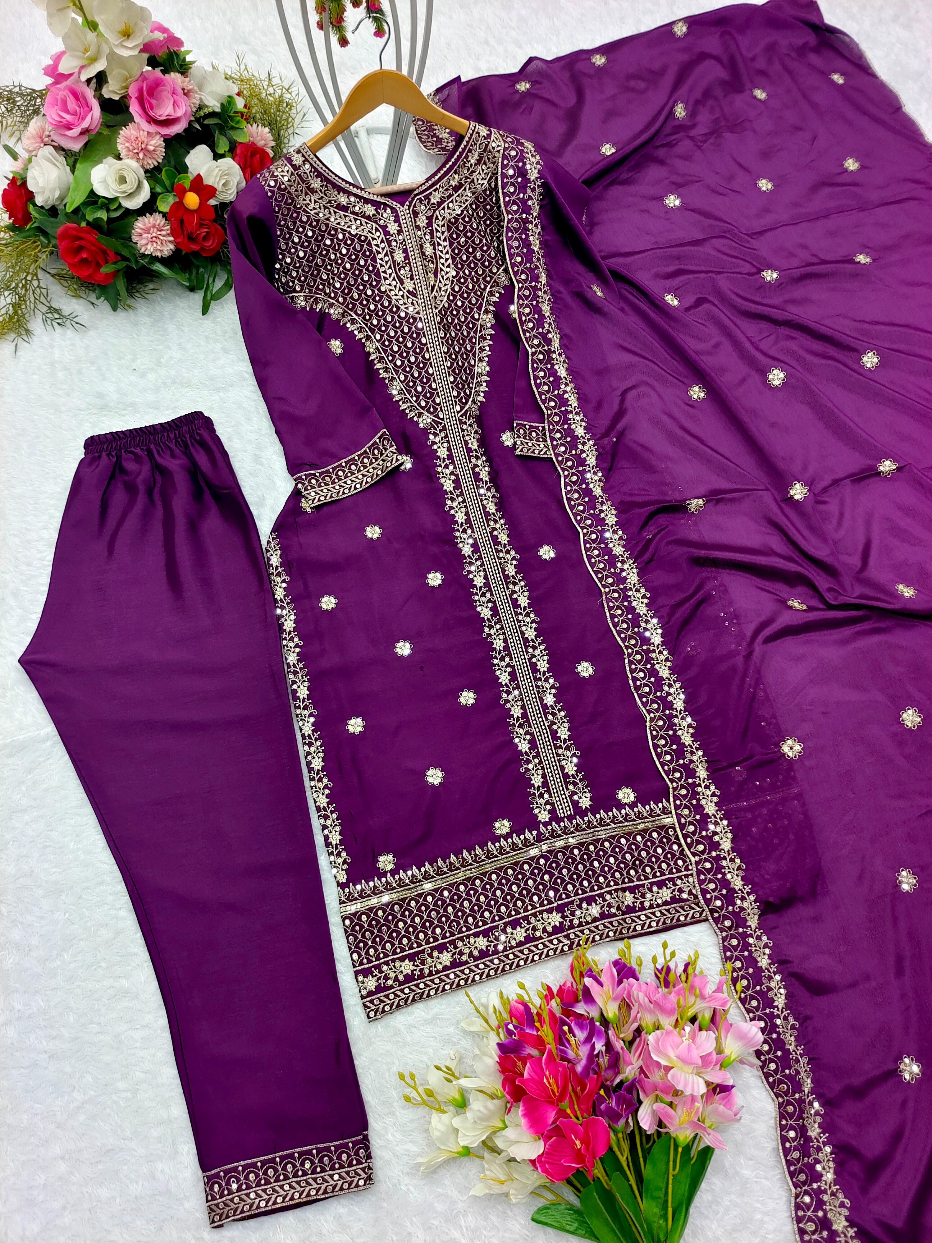 Captivating Purple Color Chinon Silk With Sequence Embroidery Work Salwar Suit