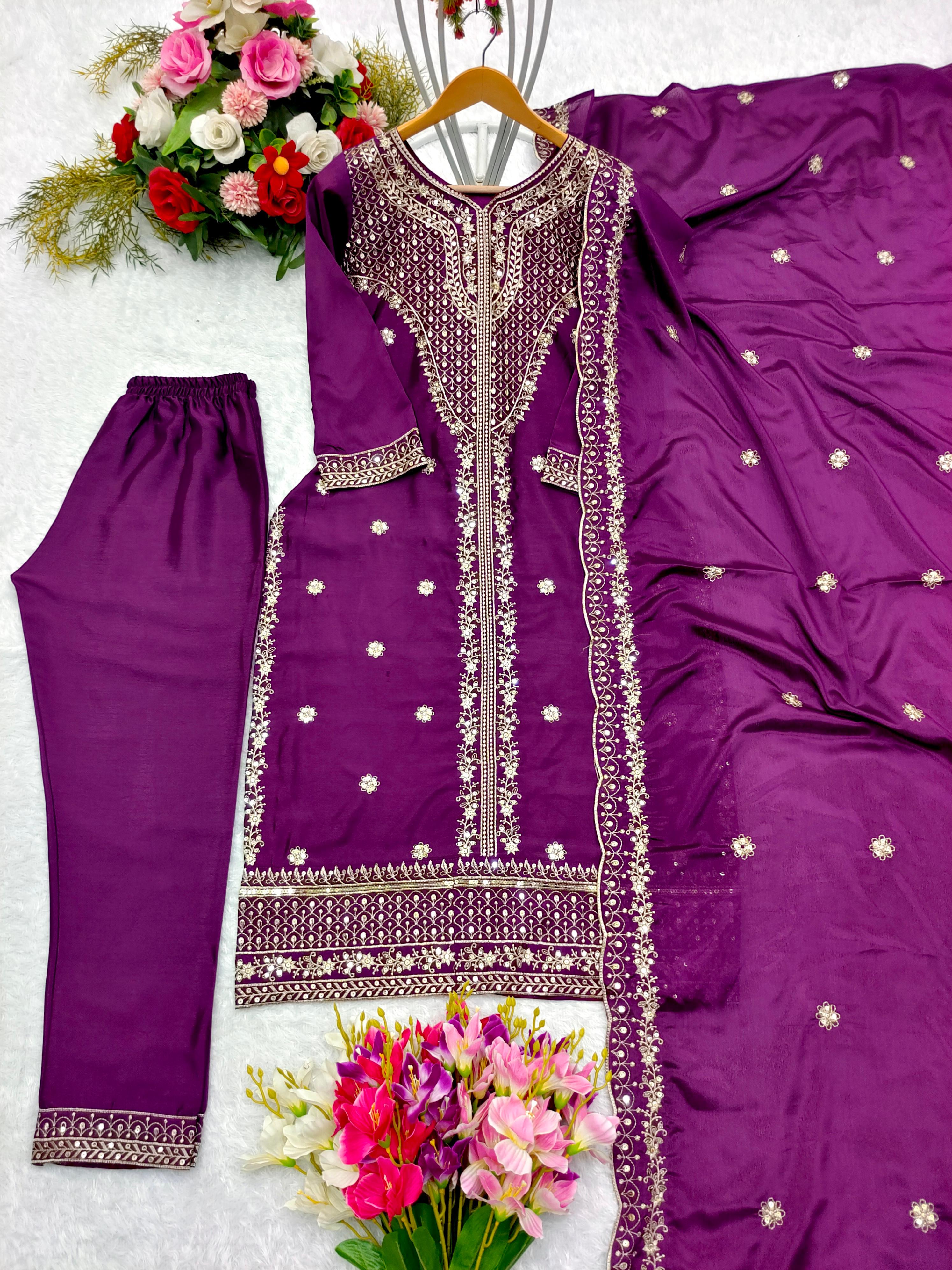 Captivating Purple Color Chinon Silk With Sequence Embroidery Work Salwar Suit