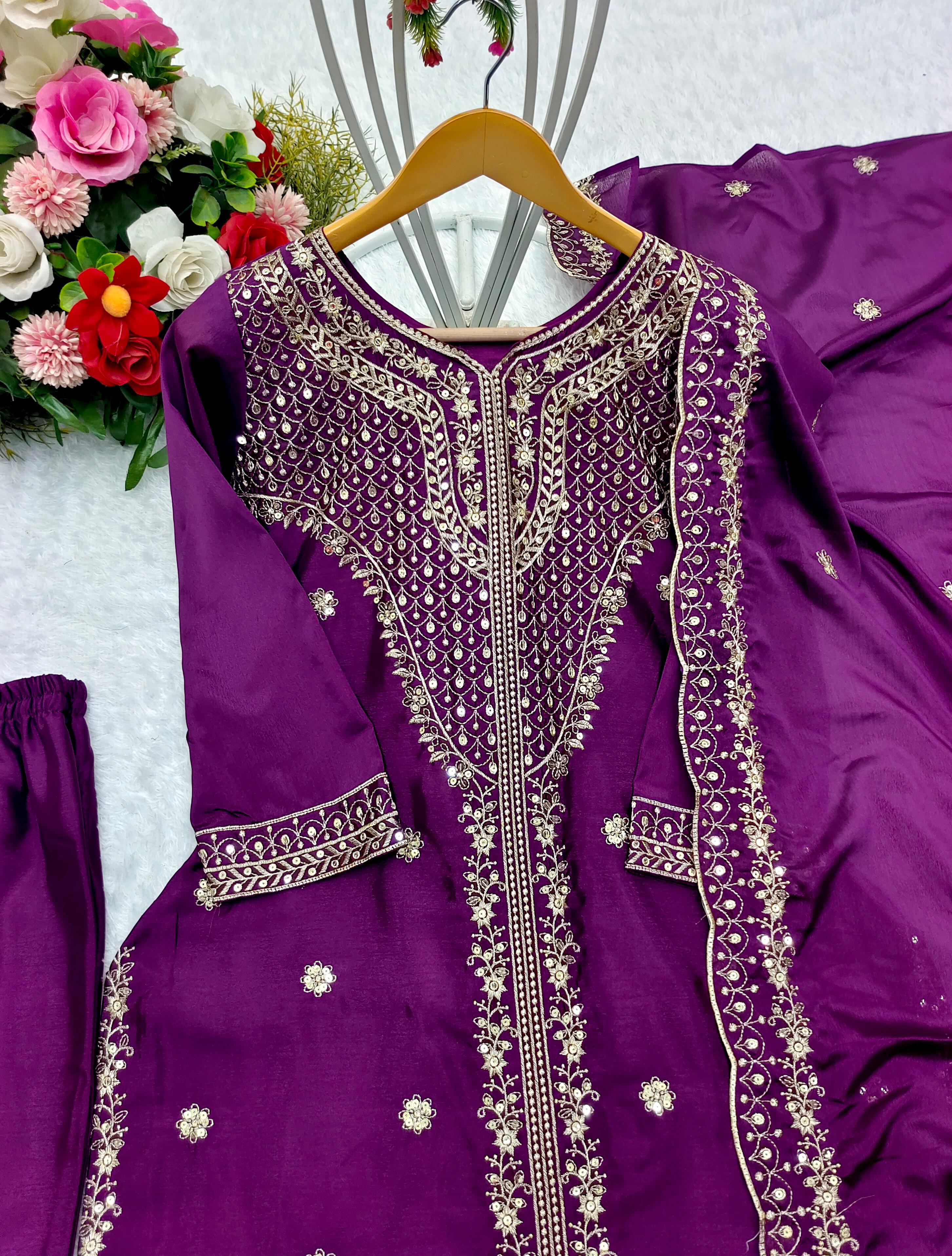 Captivating Purple Color Chinon Silk With Sequence Embroidery Work Salwar Suit