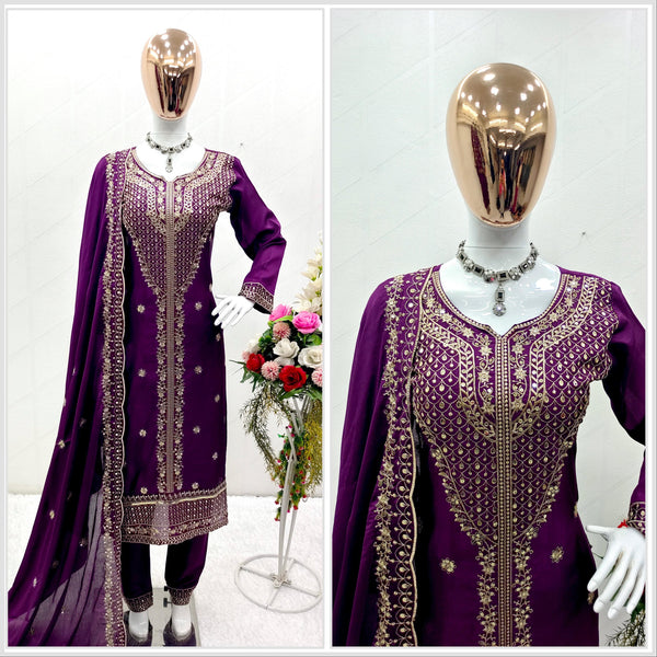 Captivating Purple Color Chinon Silk With Sequence Embroidery Work Salwar Suit