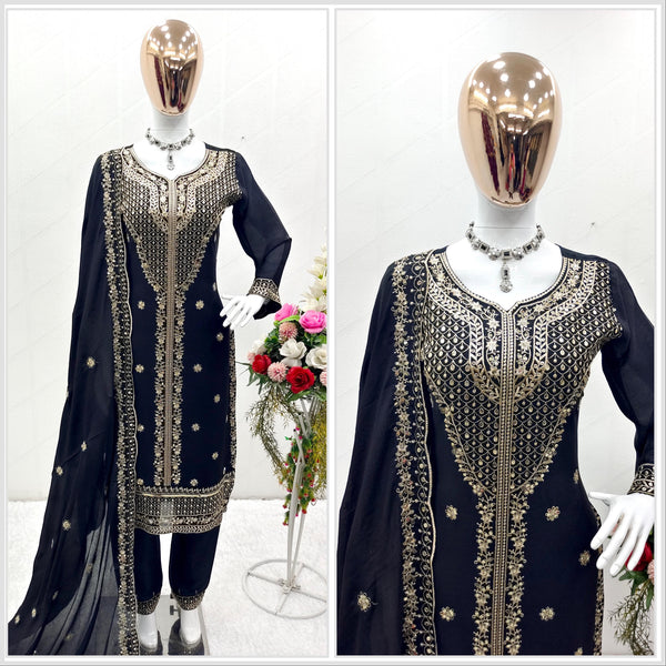 Captivating Black Color Chinon Silk With Sequence Embroidery Work Salwar Suit