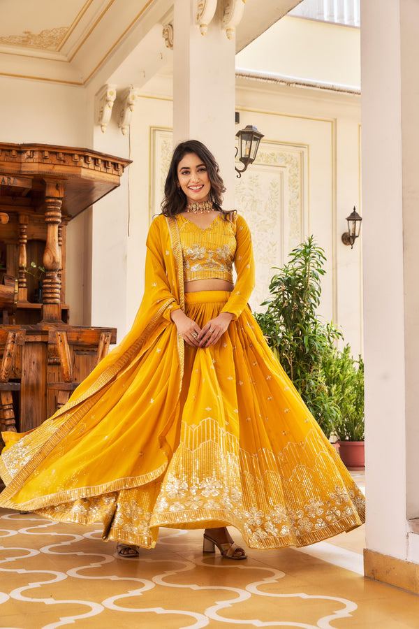 Haldi Special Yellow Color Georgette Embroidery Sequence Work Designer Lehenga Choli