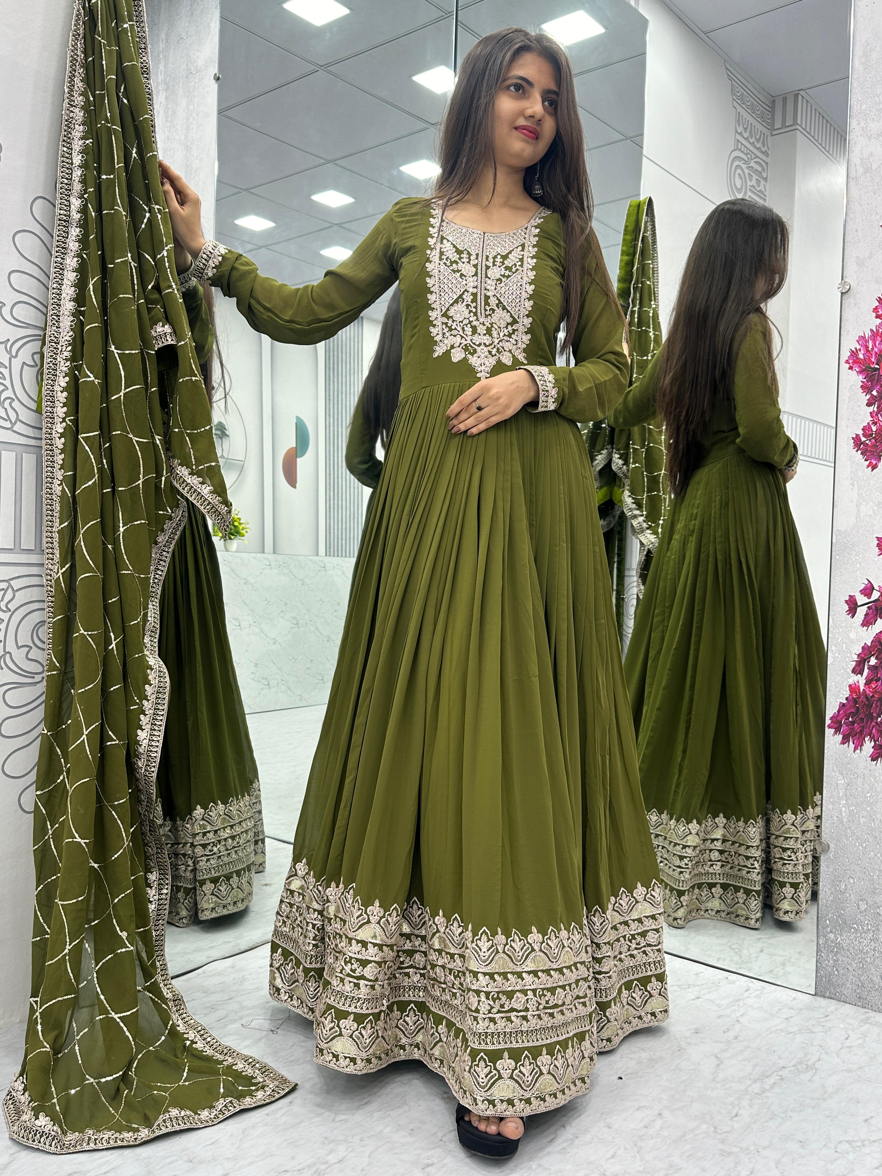 Party Wear Green Color Heavy Embroidery Sequence Coding Work Anarkali Gown