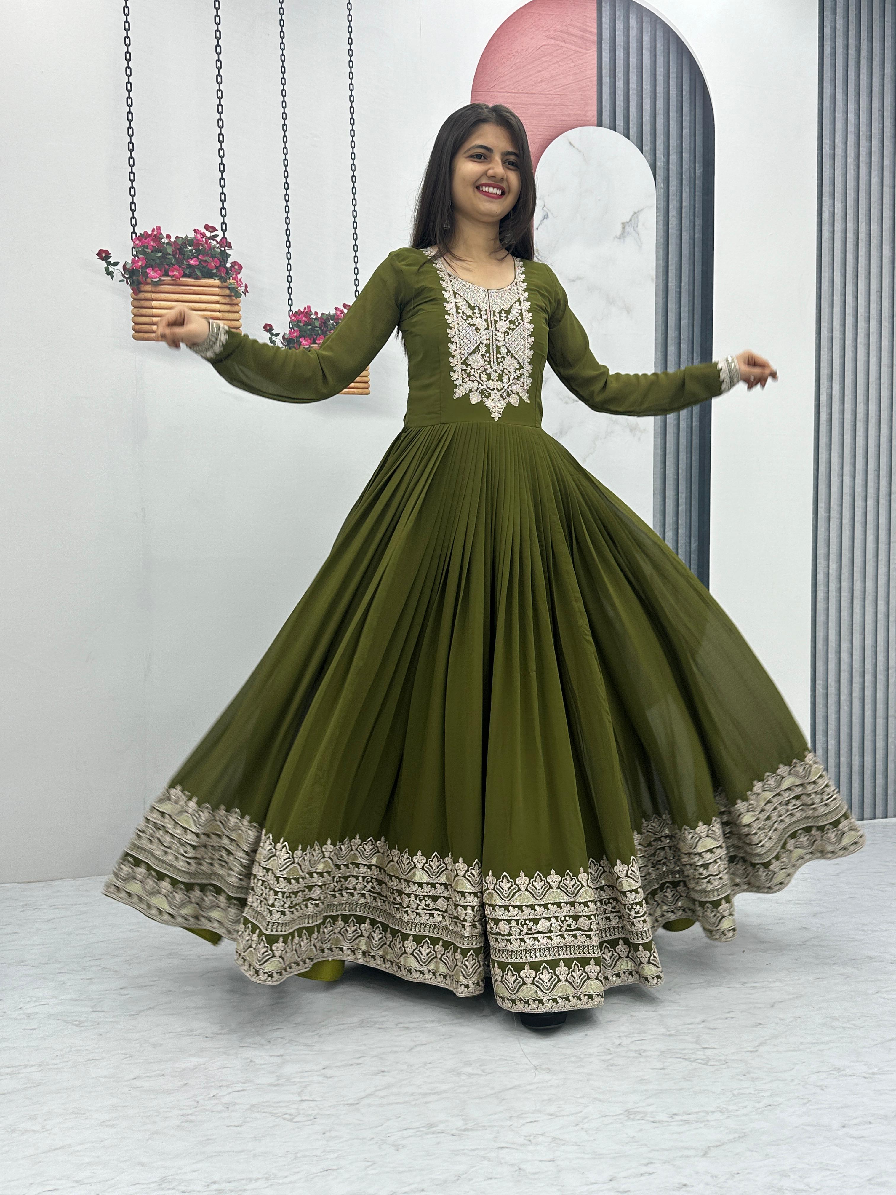 Party Wear Green Color Heavy Embroidery Sequence Coding Work Anarkali Gown