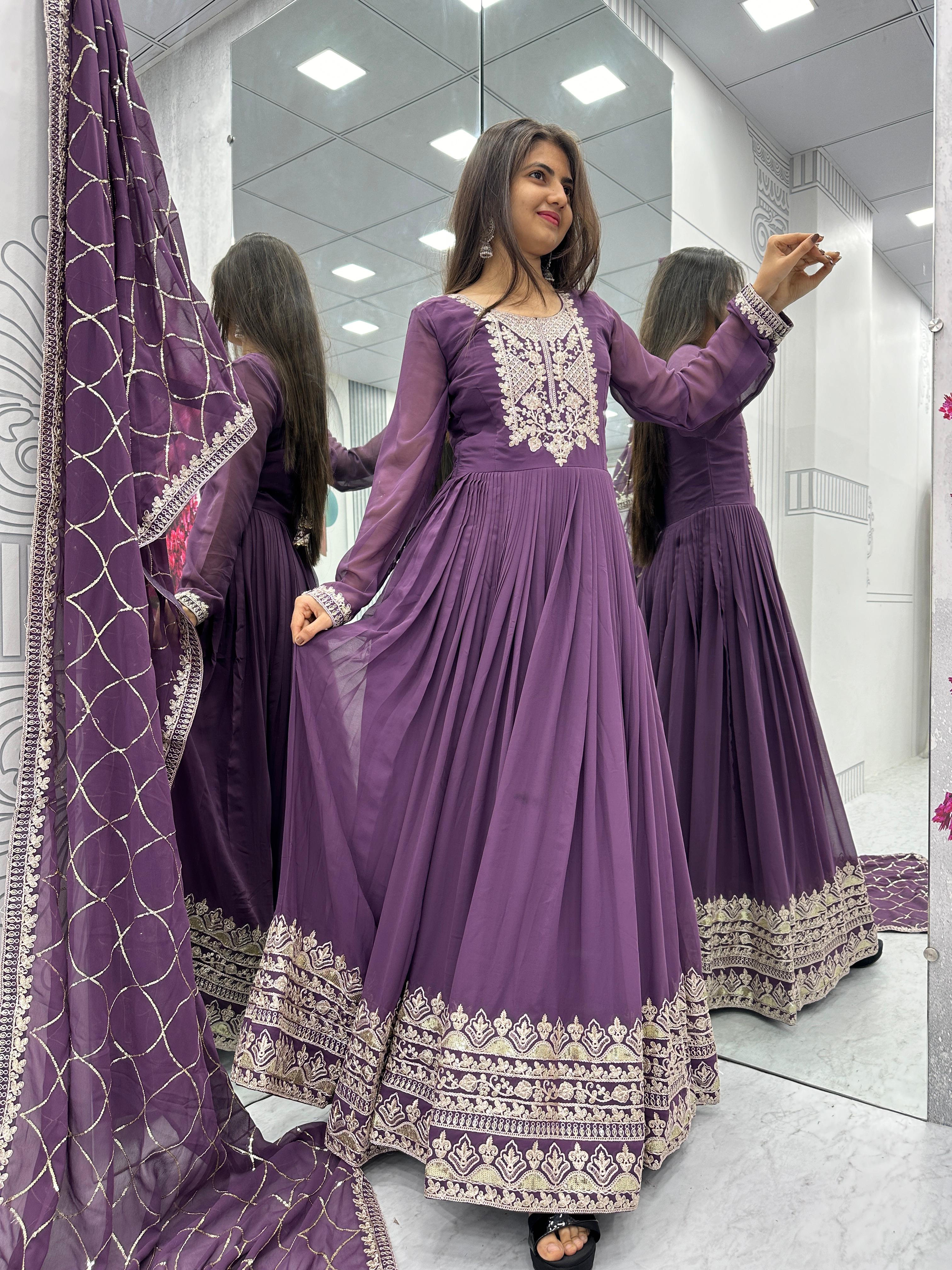 Wedding Wear Purple Color Heavy Embroidery Sequence Coding Work Anarkali Gown