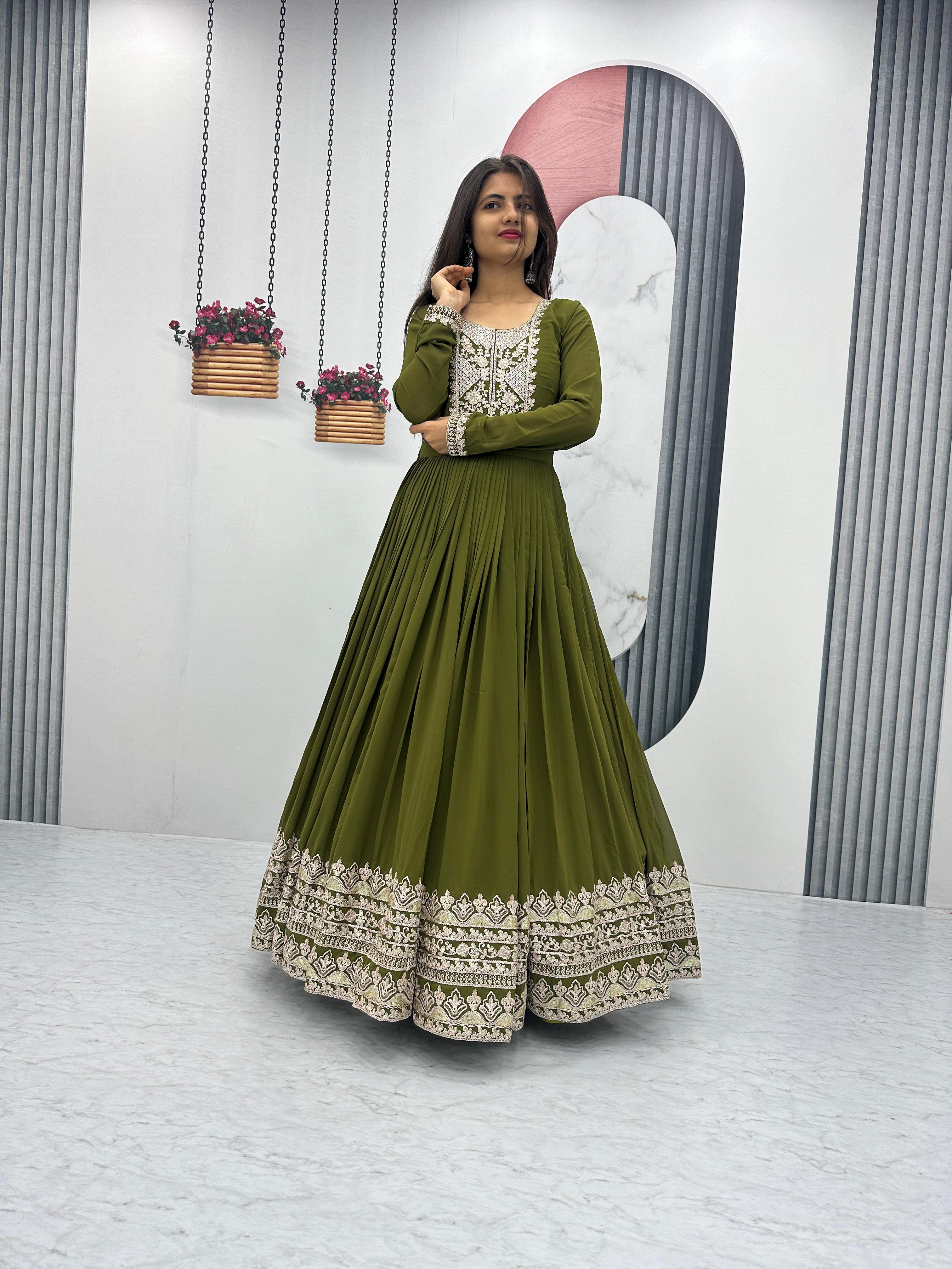 Party Wear Green Color Heavy Embroidery Sequence Coding Work Anarkali Gown