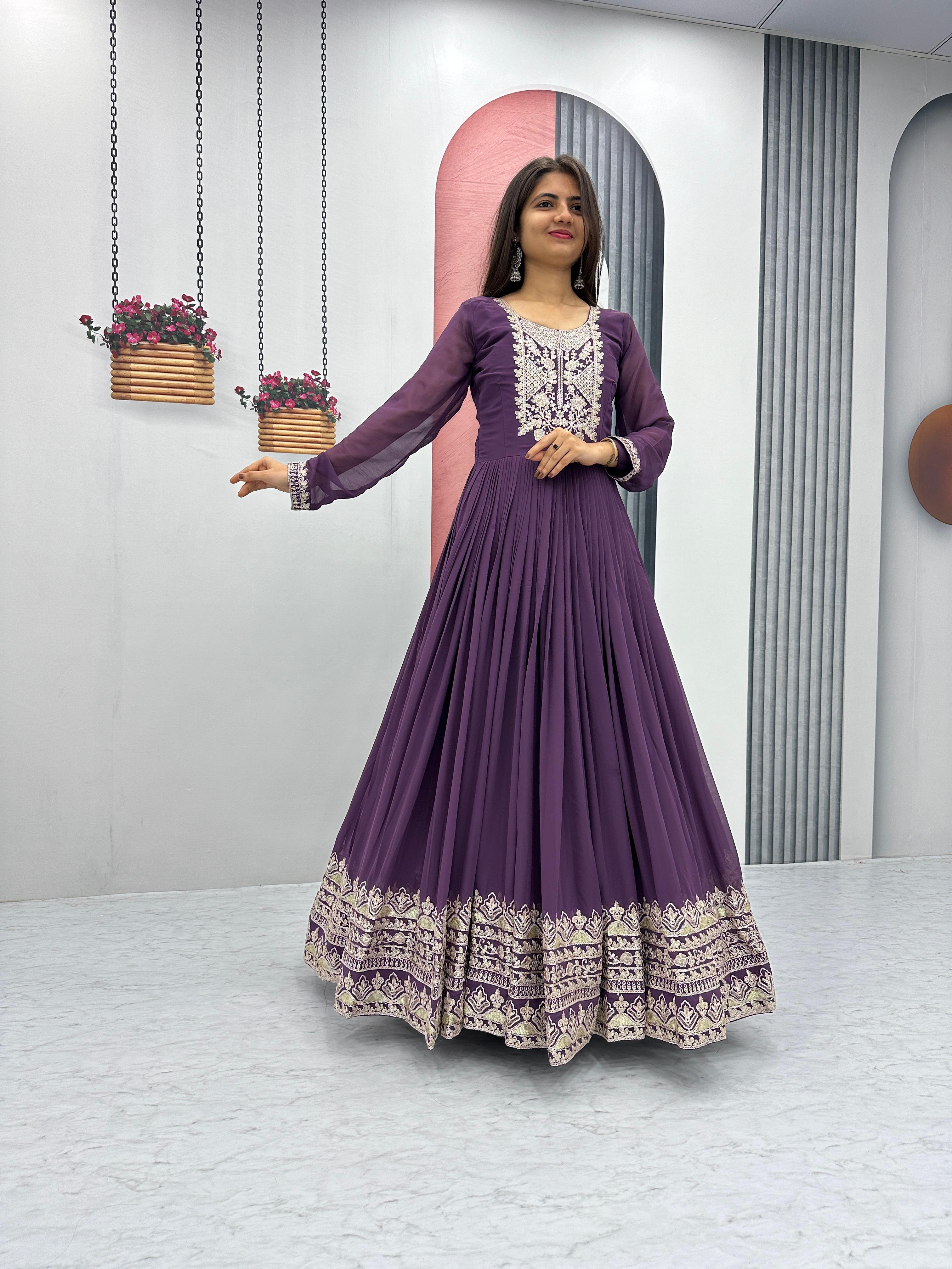 Wedding Wear Purple Color Heavy Embroidery Sequence Coding Work Anarkali Gown