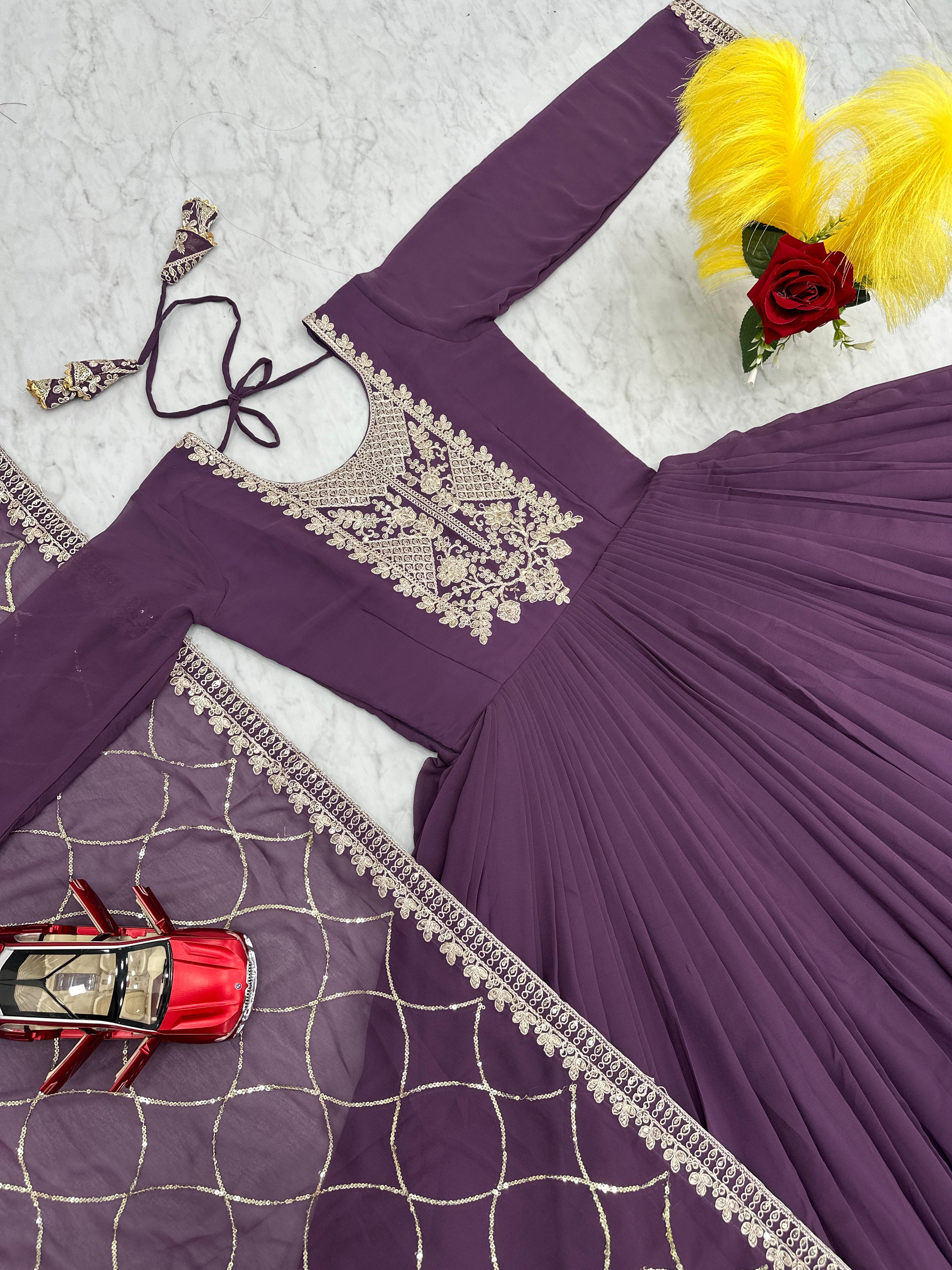 Wedding Wear Purple Color Heavy Embroidery Sequence Coding Work Anarkali Gown