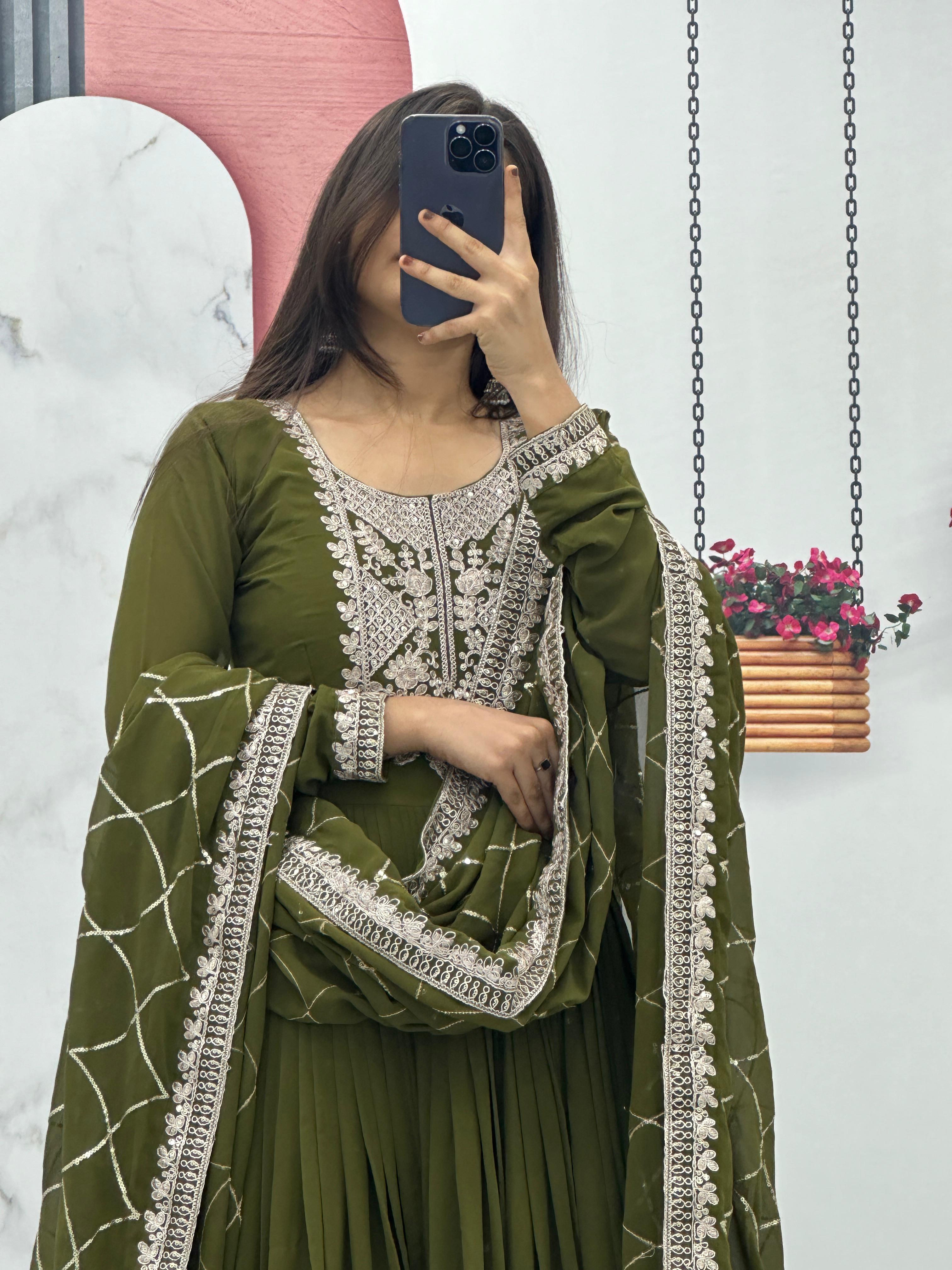 Party Wear Green Color Heavy Embroidery Sequence Coding Work Anarkali Gown