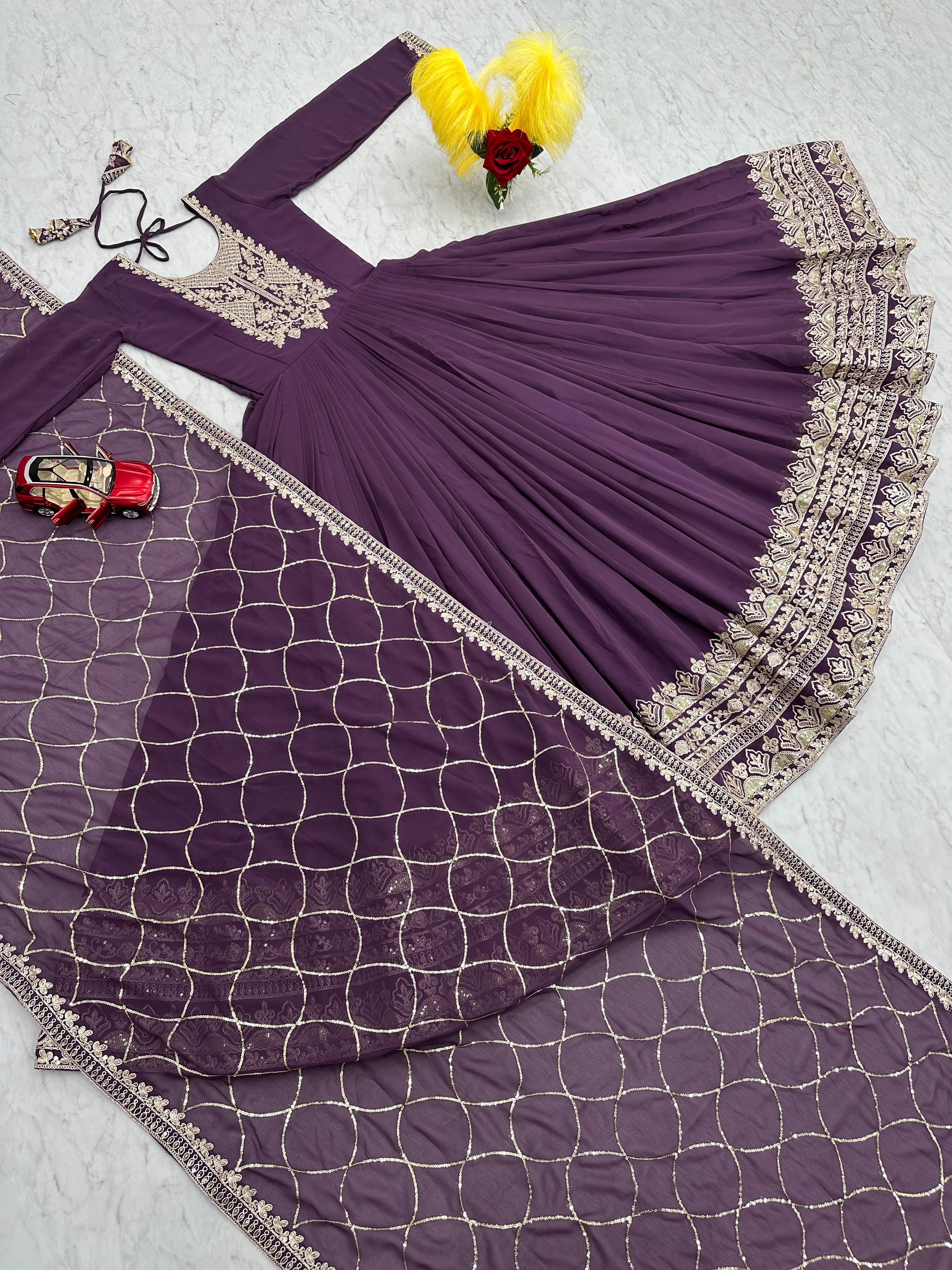 Wedding Wear Purple Color Heavy Embroidery Sequence Coding Work Anarkali Gown