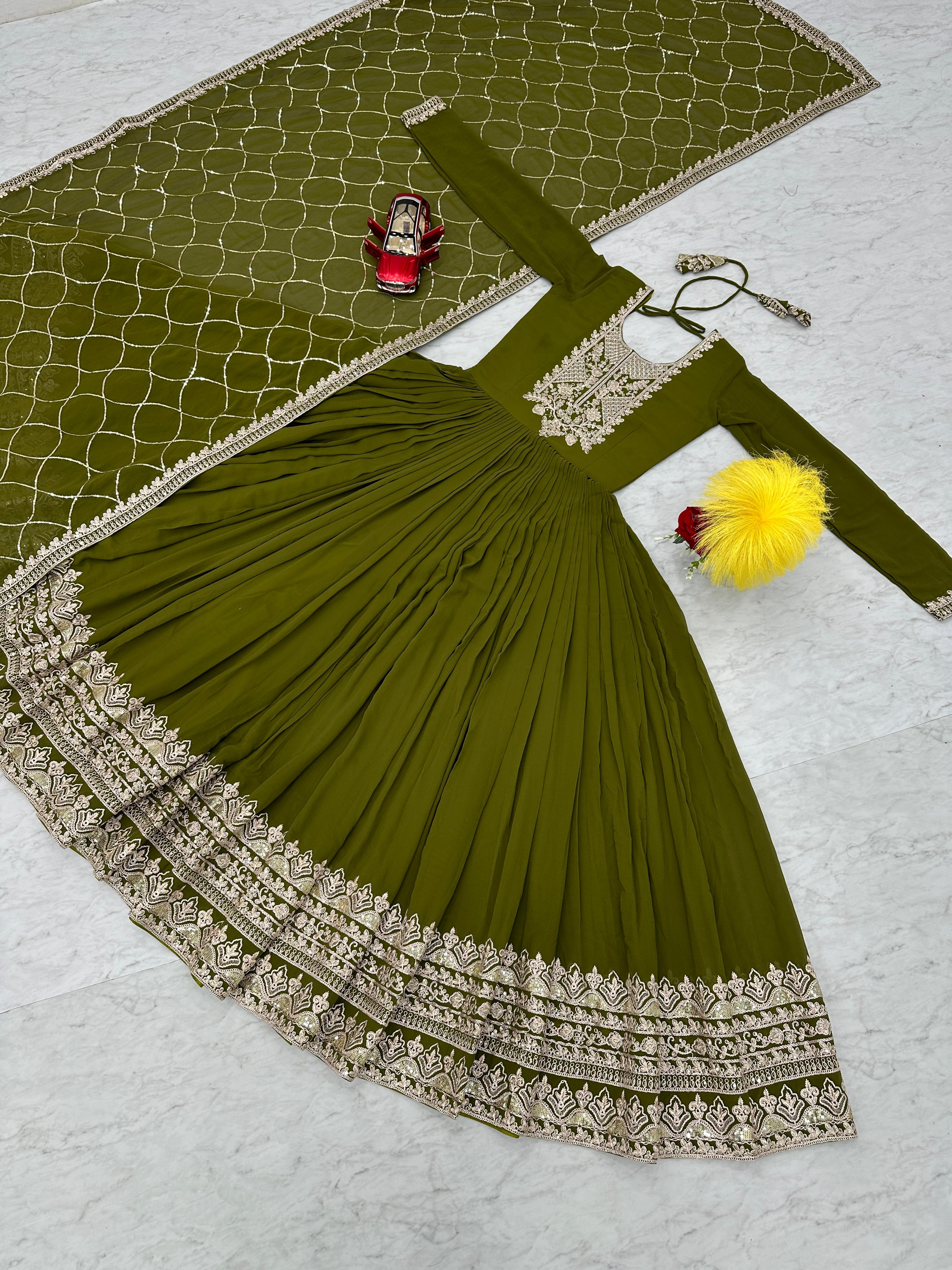 Party Wear Green Color Heavy Embroidery Sequence Coding Work Anarkali Gown