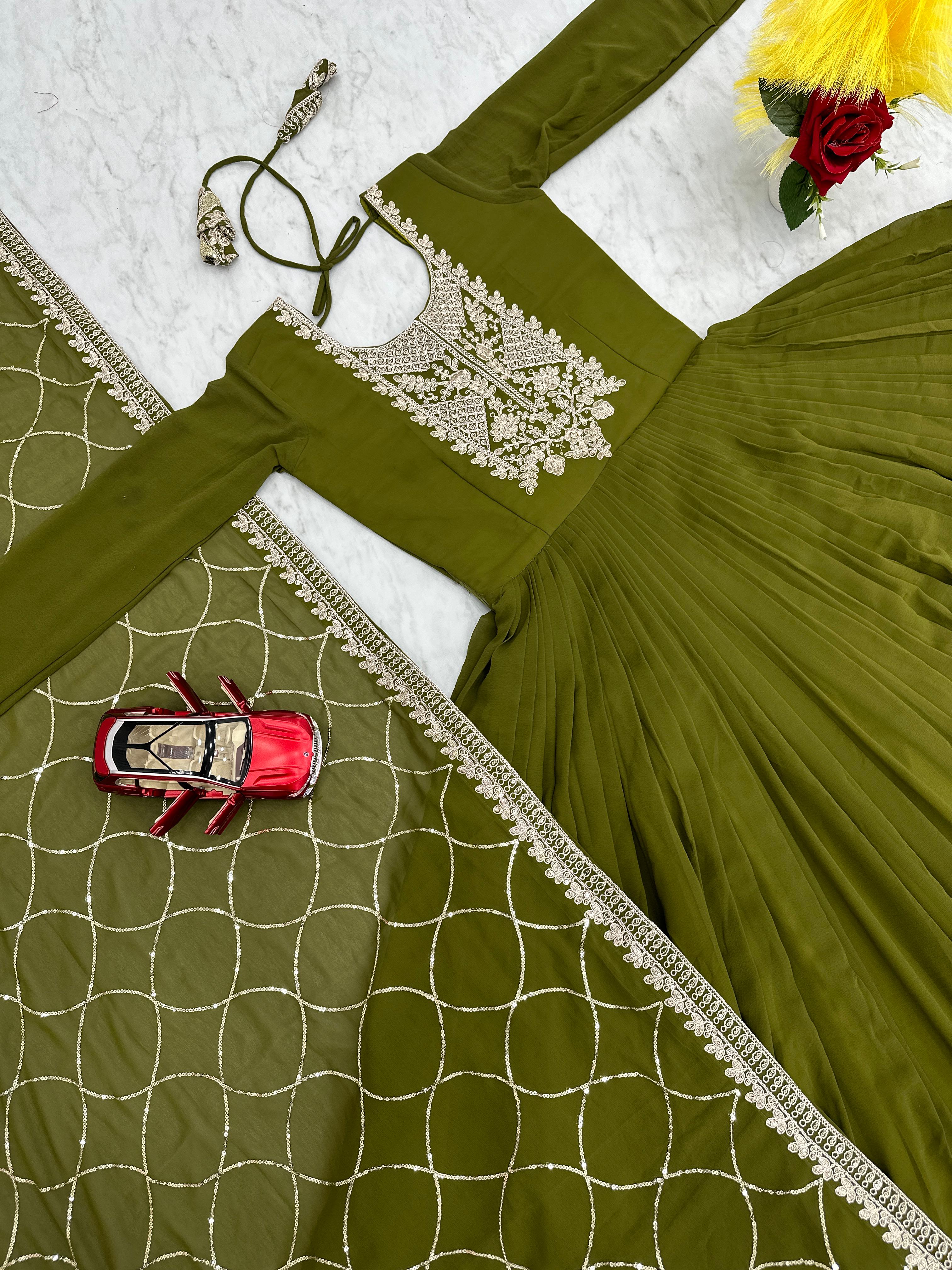 Party Wear Green Color Heavy Embroidery Sequence Coding Work Anarkali Gown